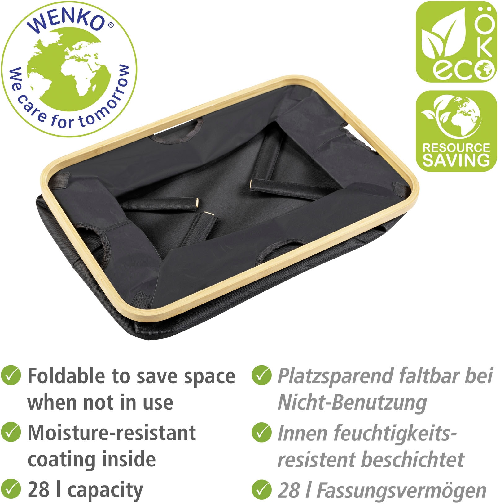 WENKO Wäschekorb »Ecori, faltbar«, (Set, 2 St.), Textilien 100% recyceltem Polyester,Rahmen FSC®-zertifiziertem Bambus