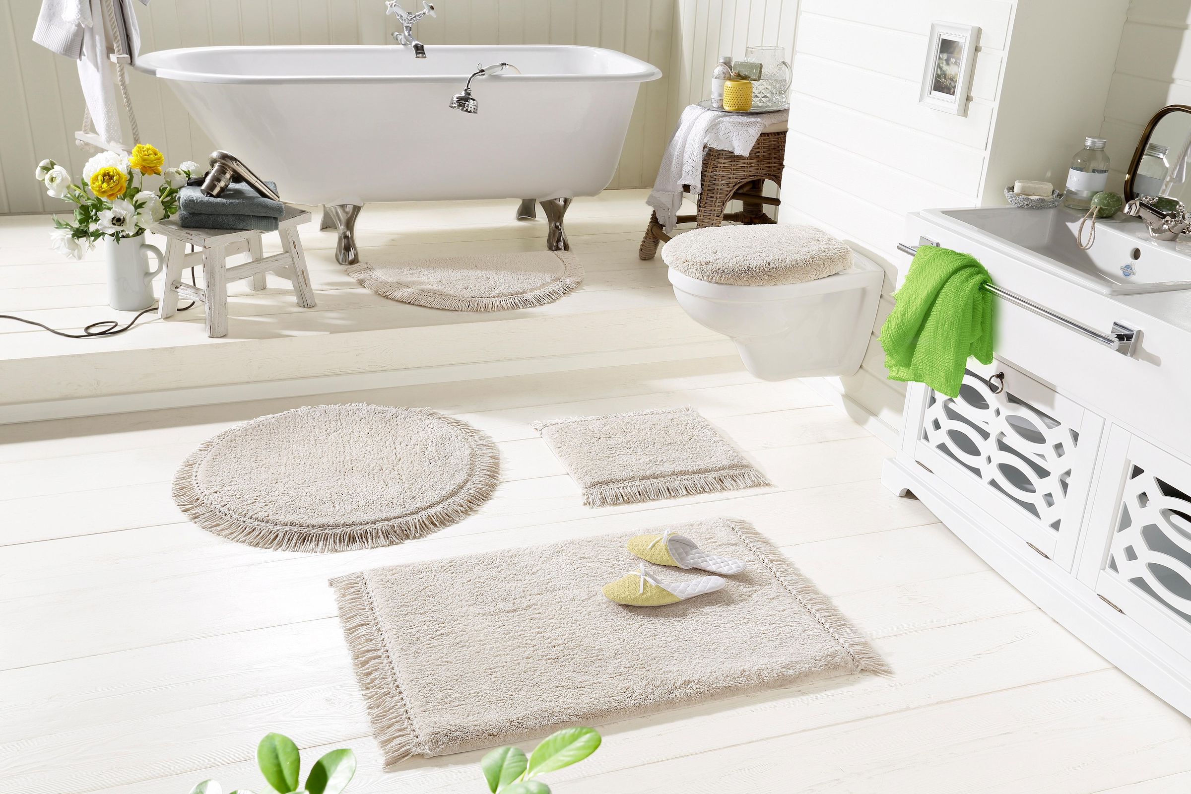 my home Badematte »Finca, Badvorleger, Badezimmer Teppich«, rutschhemmend beschichtet, fussbodenheizungsgeeignet-strapazierfähig, Fransen, Boho, Badteppich, Bio-Baumwolle, auch als 3 teiliges Set