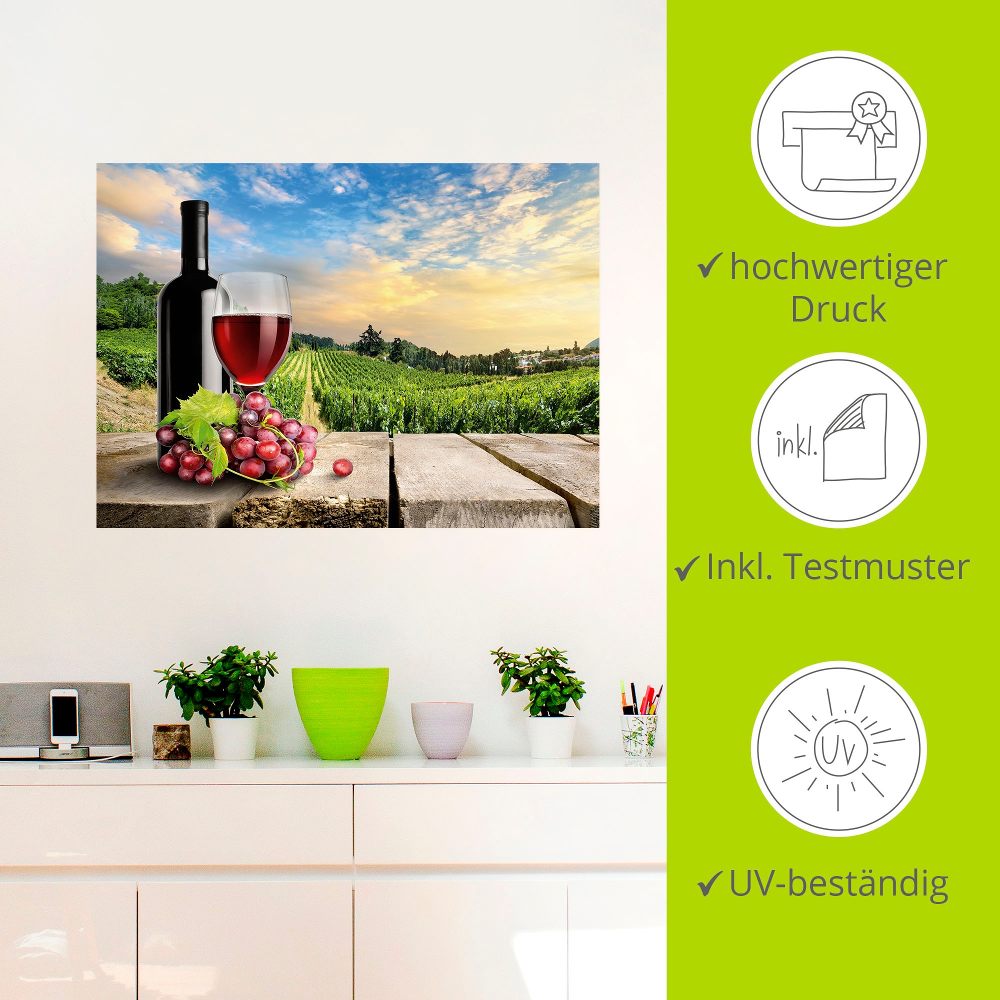 Artland Wandbild »Wein vor Weinbergen«, Berge, (1 St.), als Alubild, Outdoorbild, Poster, Wandaufkleber in verschied. Grössen