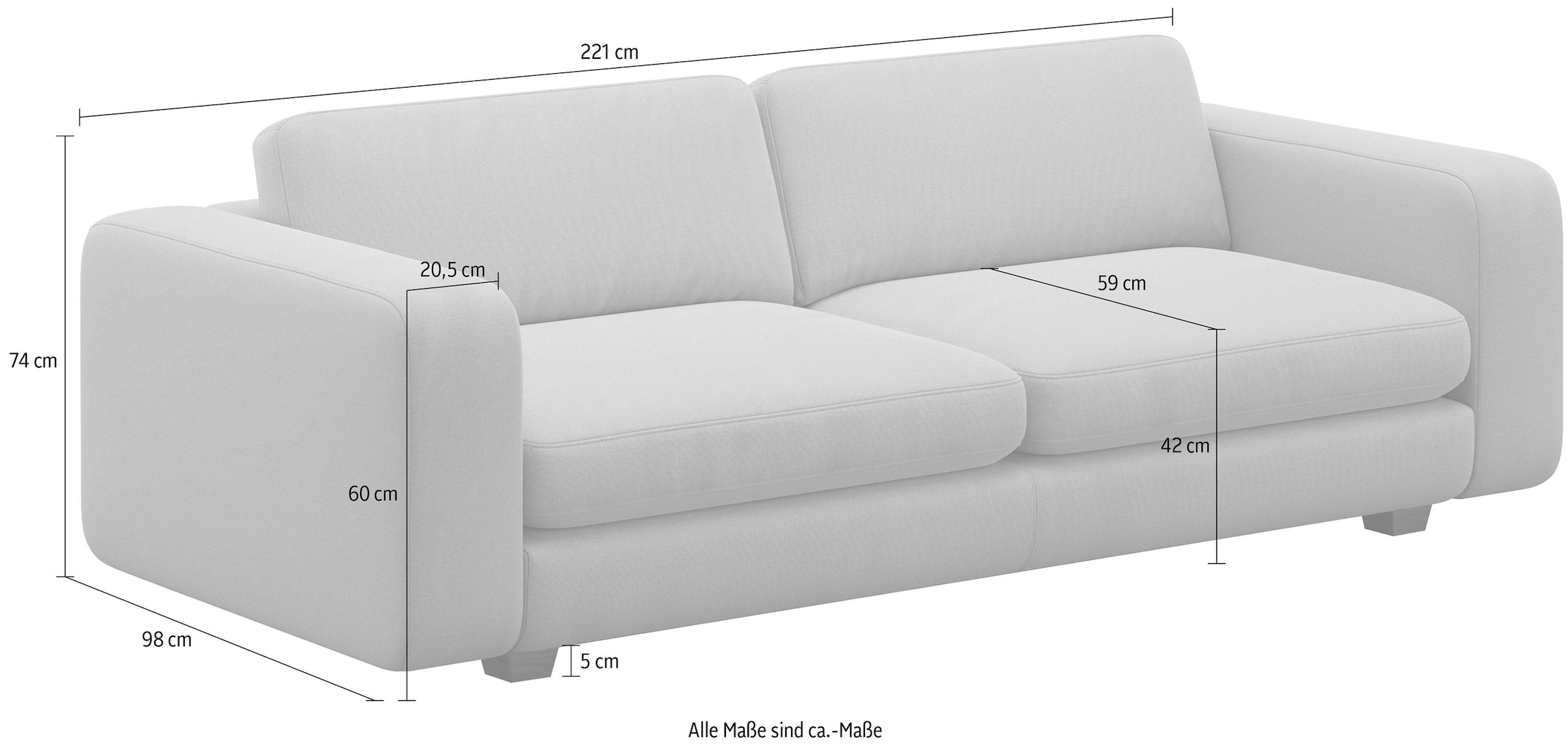 machalke® 3-Sitzer »valentino«, mit breiten Armlehnen, Füsse Walnuss, Breite 221 cm