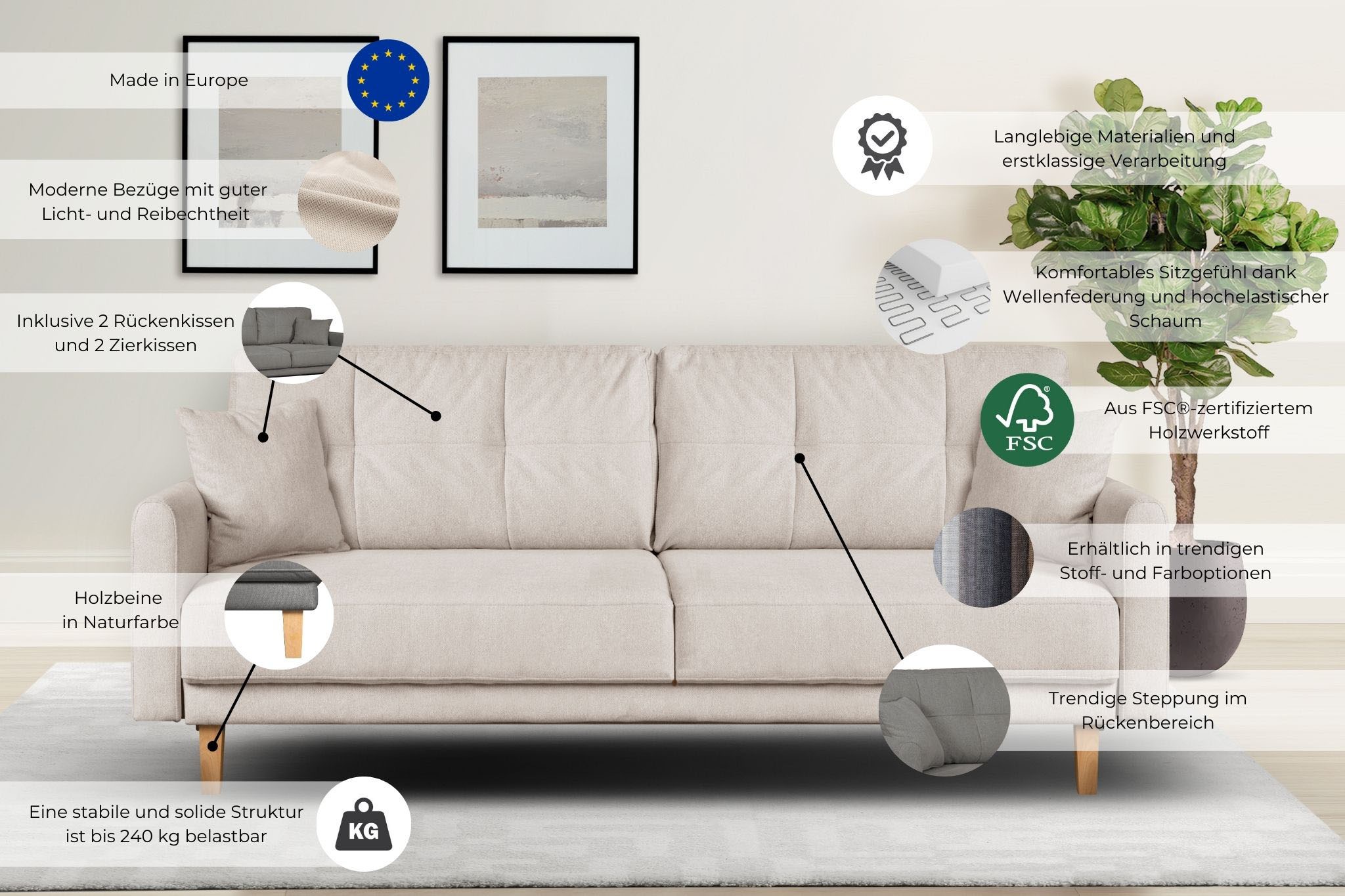 Home affaire 2-Sitzer »TRIPLO mit Wellenunterfederung, Masse B/T/H: 165/100/89 cm«, Sofa mit Steppung im Rückenbereich, incl. Rückenkissen und Zierkissen