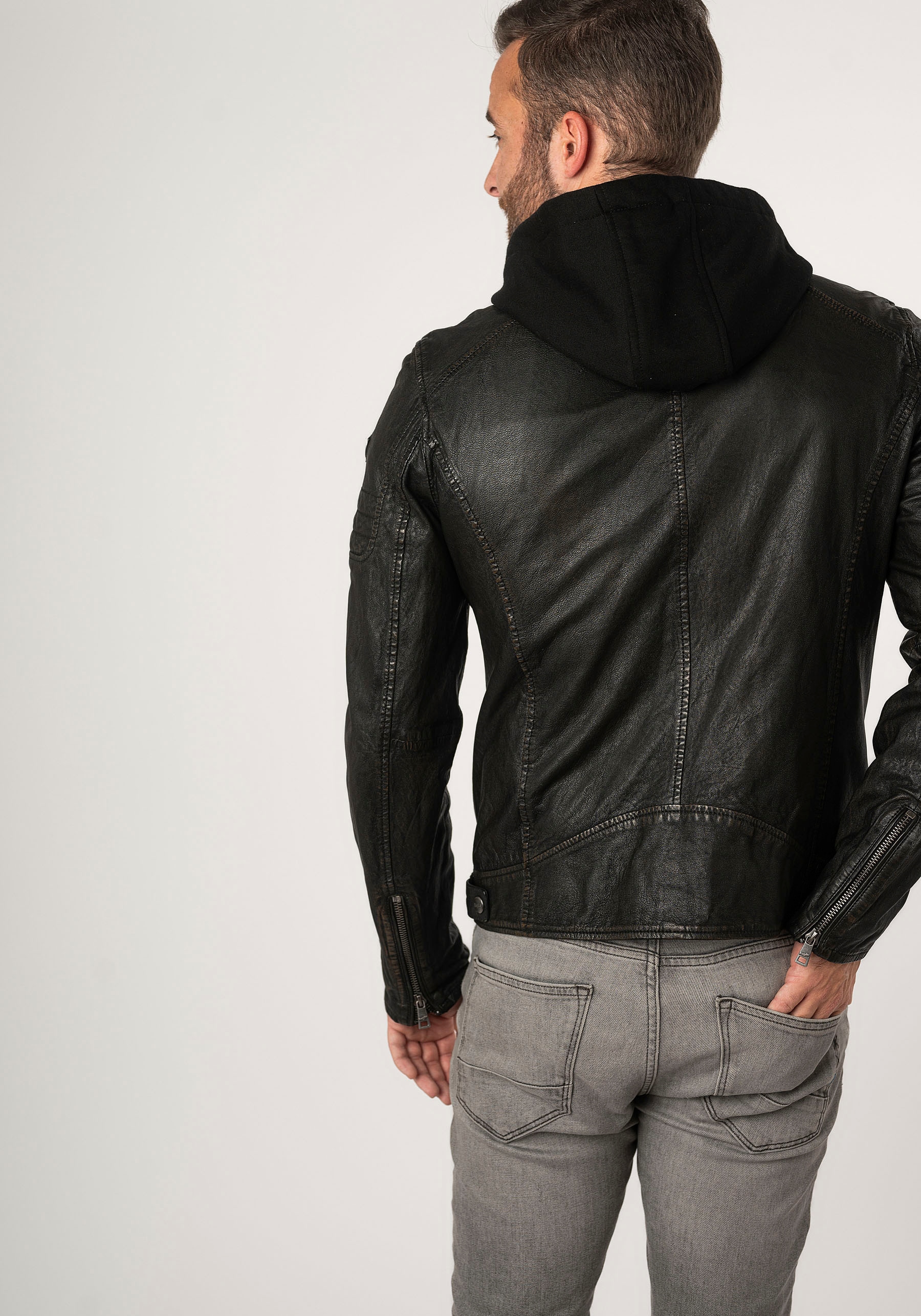 Mauritius Lederjacke »MMJenno«, mit Kapuze, mit Jerseykapuze, Reissverschluss, Ziernähte