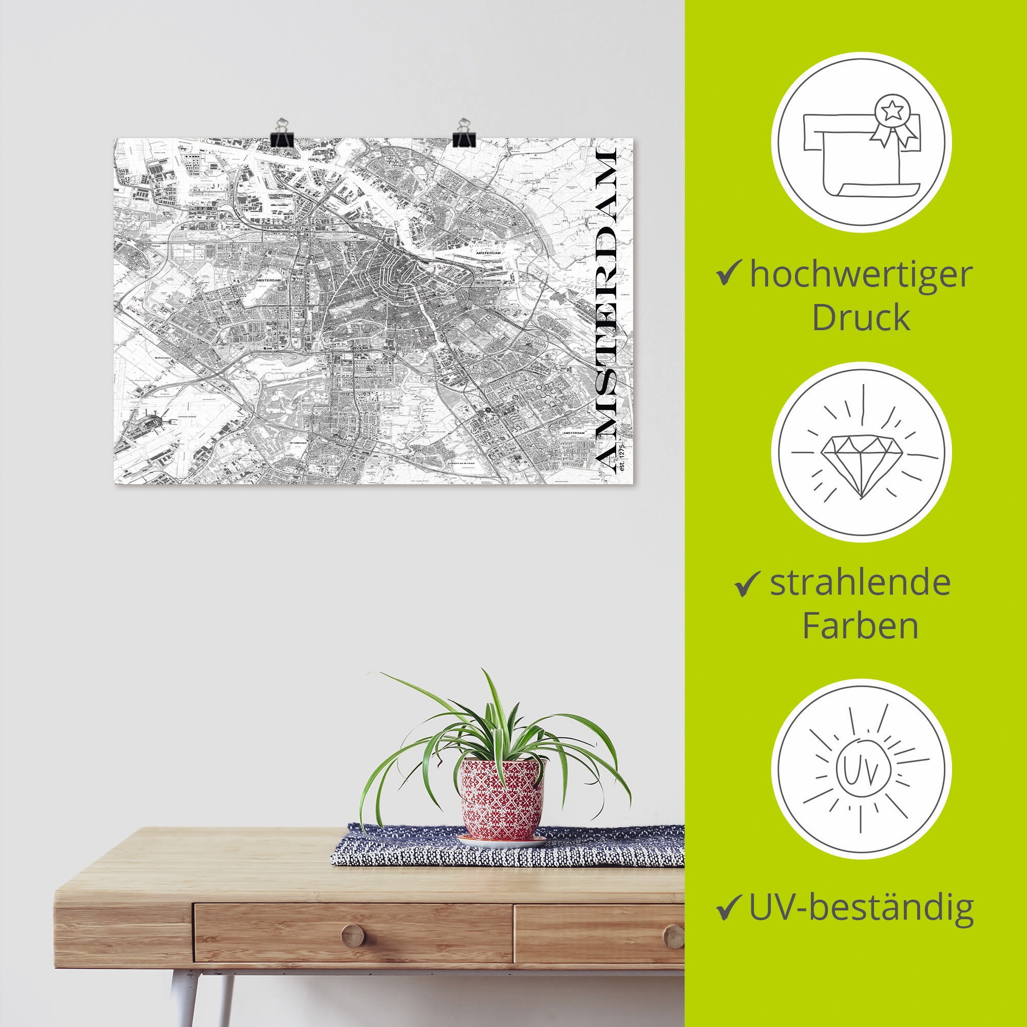 Artland Poster »Amsterdam Karte Strassen Karte«, Niederlande, (1 St.), als Alubild, Leinwandbild, Wandaufkleber oder Poster in versch. Grössen