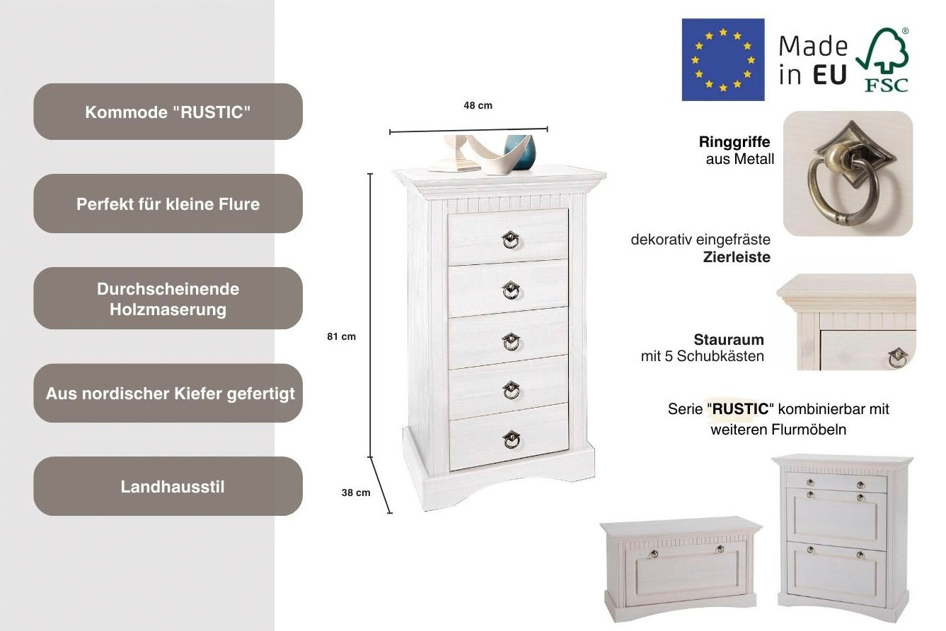 Home affaire Kommode »Rustic«, Breite 48cm, aus massiver Kiefer, 5 Schubladen, FSC®-zertifiziert