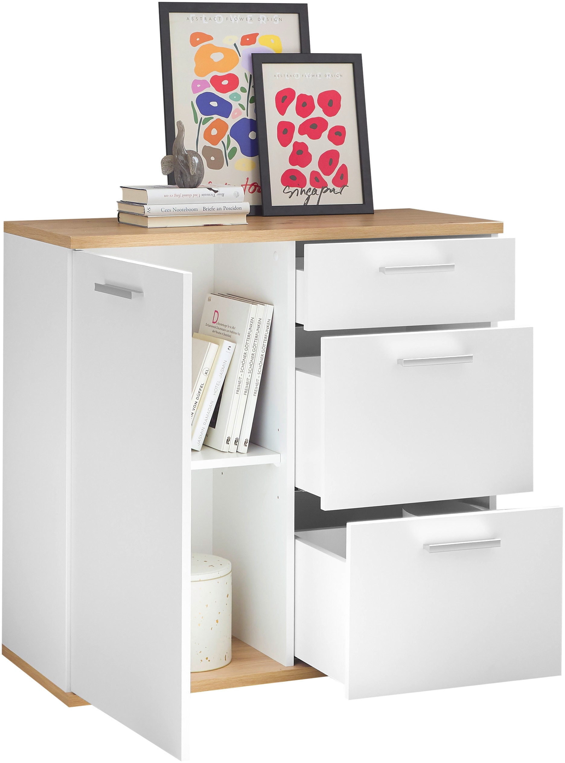 HBZ Kommode »BC1035 weiss matt, BxHxT 95x86x38 cm«, Kommode mit 1 Tür, 3 Schubkästen, 1 Einlegeboden