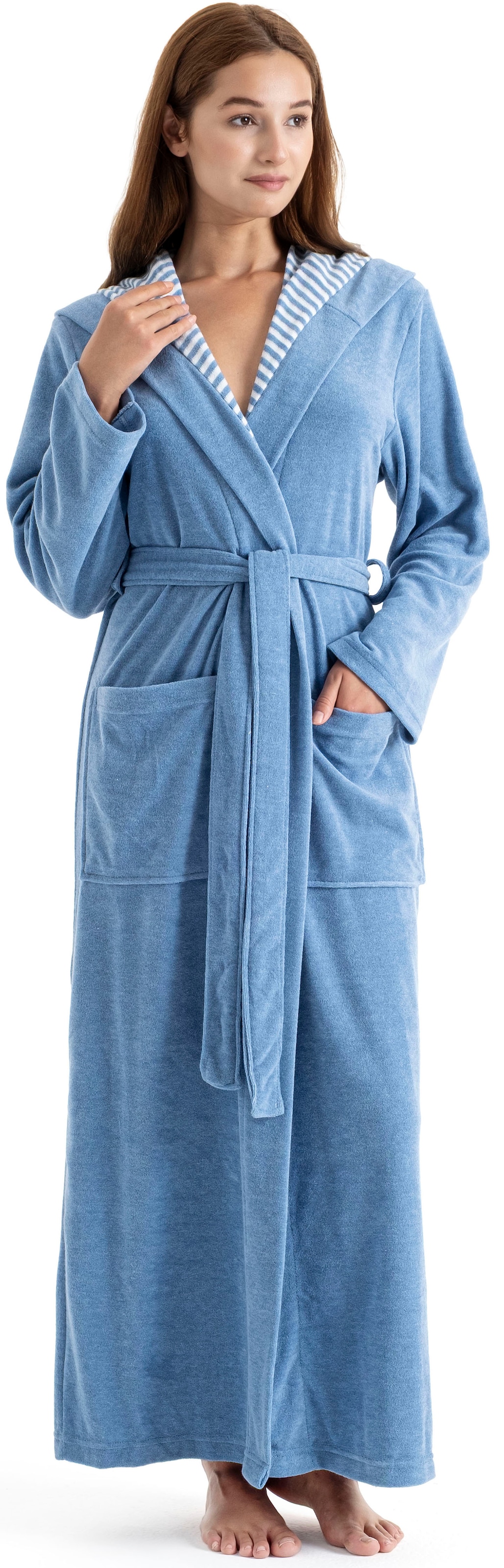 KangaROOS Damenbademantel "Dalia, ideal für Sauna & Spa, Standardlänge & Überlänge" 1 Stk. Uni-Farben mit Streifen, Taschen, leicht, XS-3XL, auch in extra lang