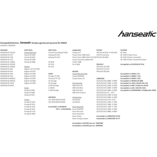 ➥ Hanseatic Staubsaugerbeutel, (Packung), 10er- Pack gleich bestellen |  Jelmoli-Versand