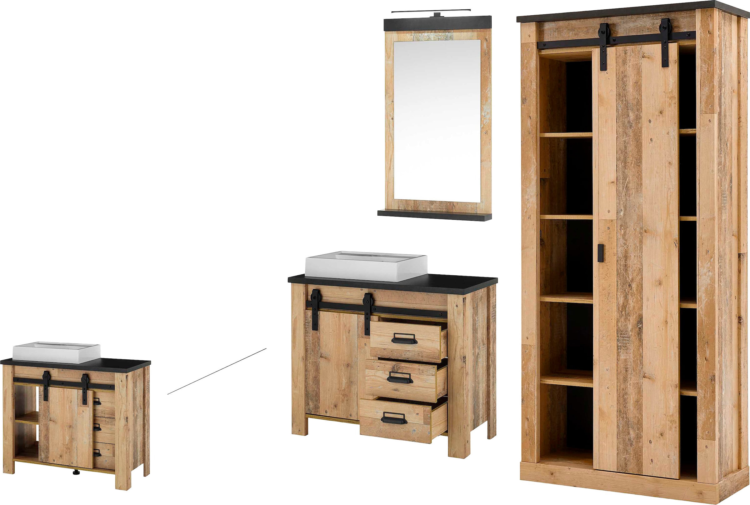 Home affaire Badmöbel-Set »SHERWOOD, Bad im modernen Design, 3-teiliges Badezimmer«, (3 St.), in 2 Farben verfügbar, Scheunentorbeschlag & Apothekergriff aus Metall