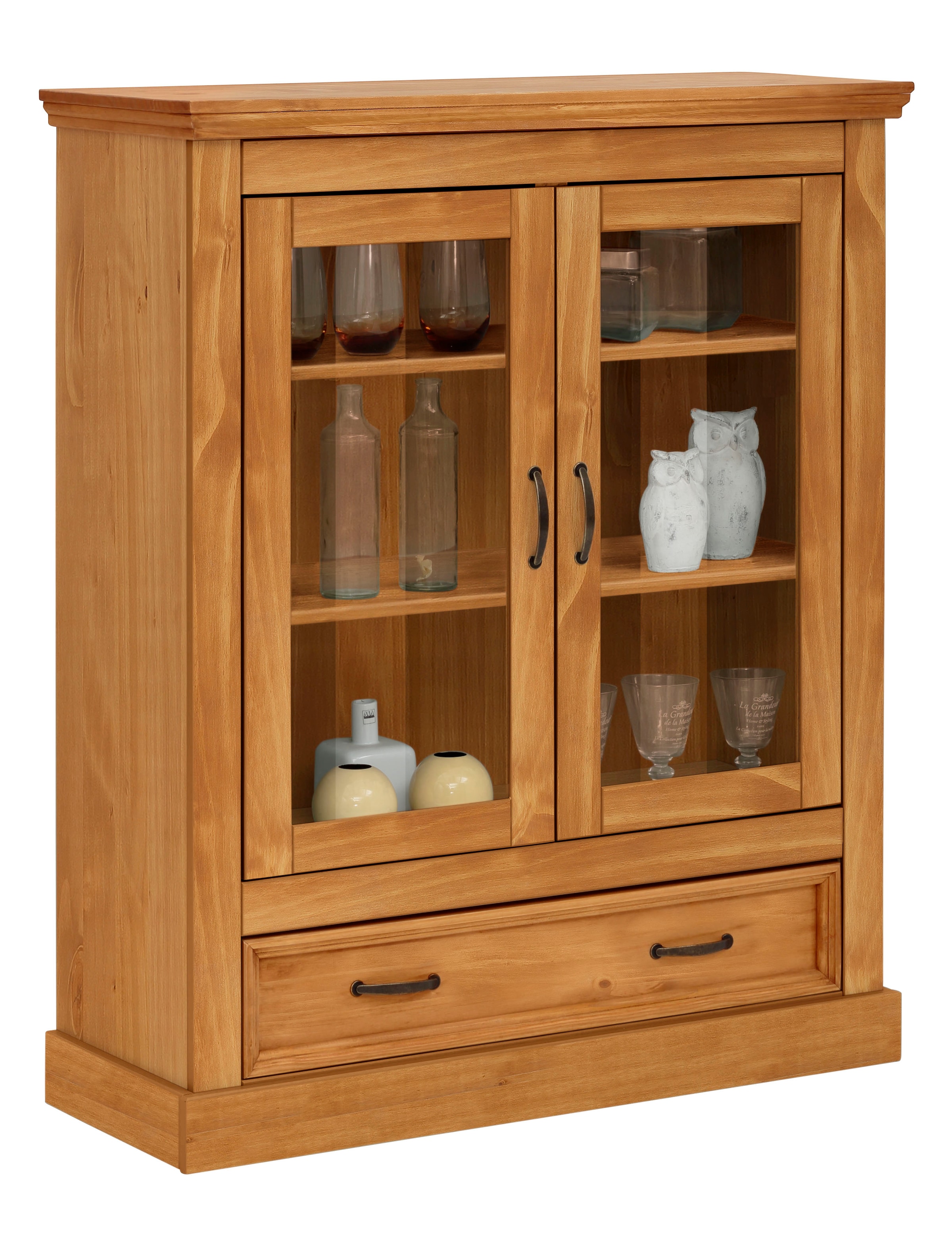 Home affaire Vitrine »Selma Highboard«, aus massivem Kiefernholz, mit Griffen aus antikisiertem Metall