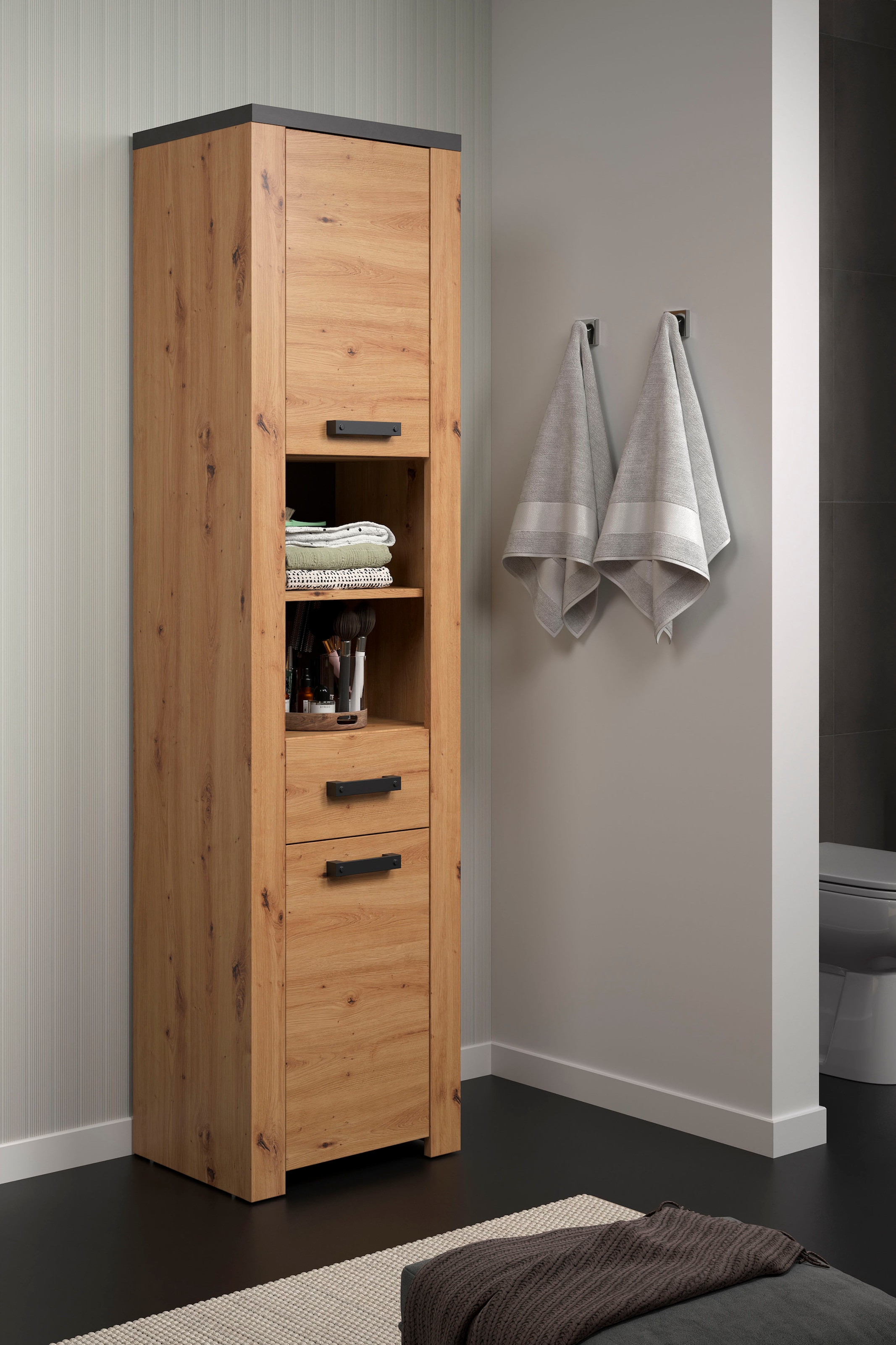 Home affaire Hochschrank »Ambres«, (1 St.), Badschrank in matter Echtholzoptik - Masse (B/T/H) 53/35/196 cm