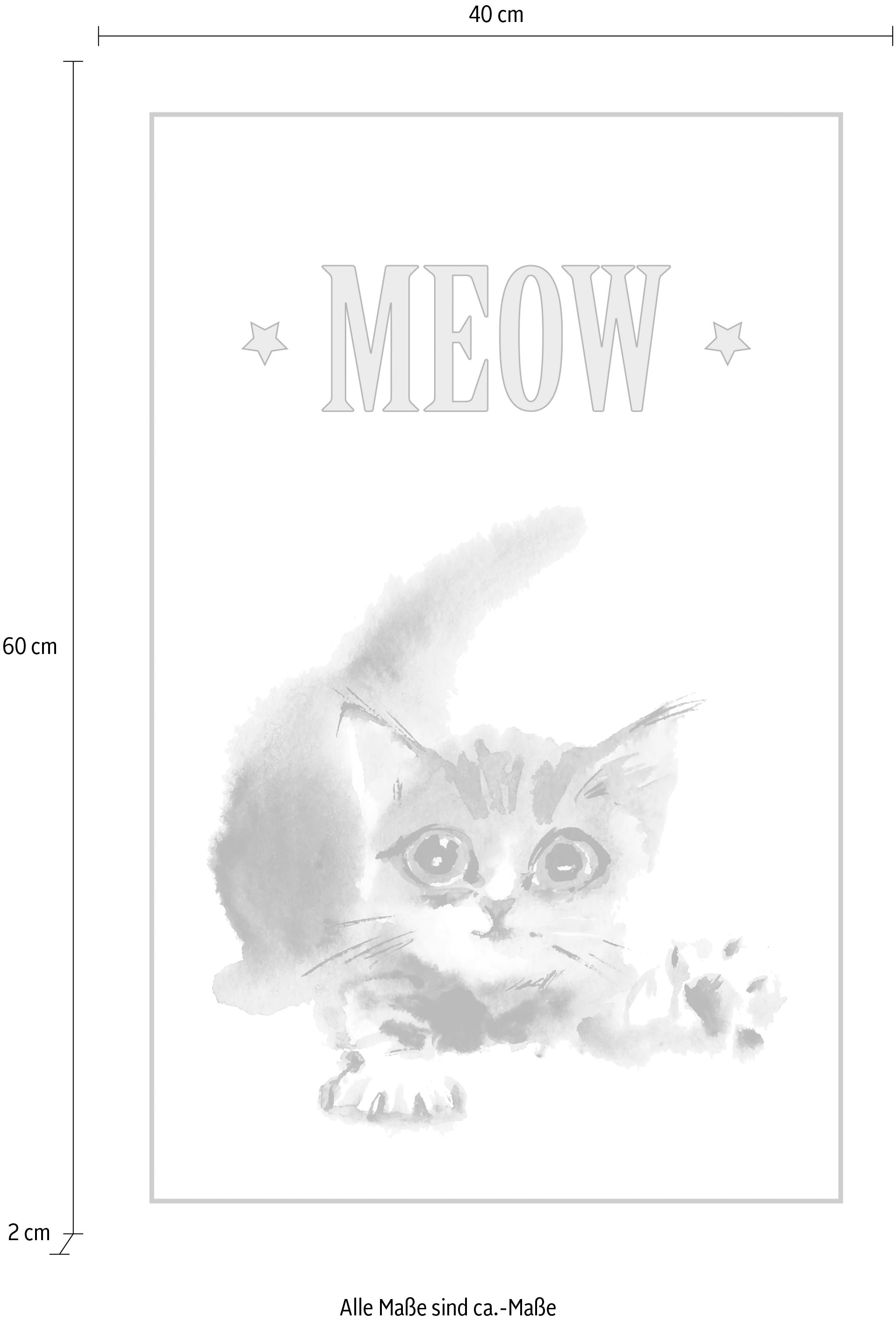 queence Leinwandbild »Katze MEOW«, Kunst-Modern-Schriftzug-Tiere-Katze-Katzen-Katzenbilder-Schwarz-Weiss, Premium-Leinwandstoff, Handarbeit aus Deutschland