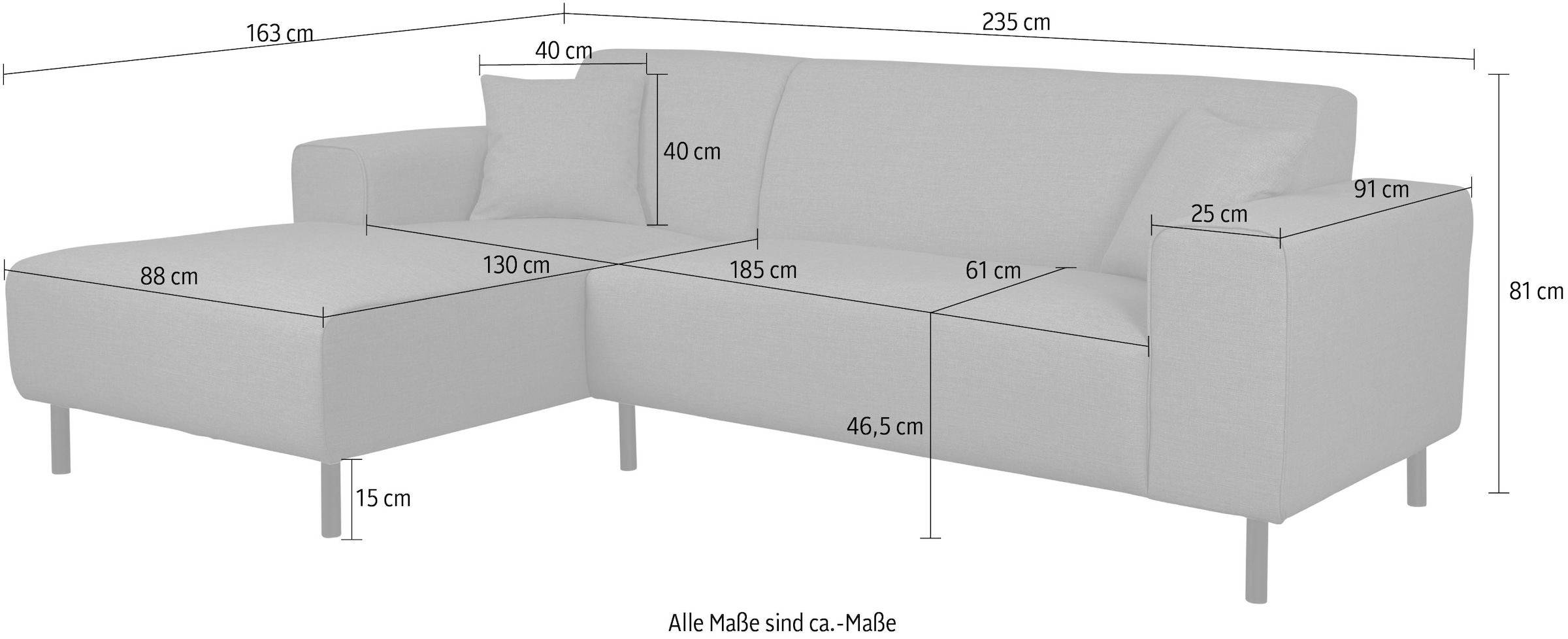 Home affaire Ecksofa »ARROS L-Form mit Wellenunterfederung, Masse B/T/H: 235/163/81 cm«, incl. Zierkissen, mit Recamiere rechts/links bestellbar, auch in Cord