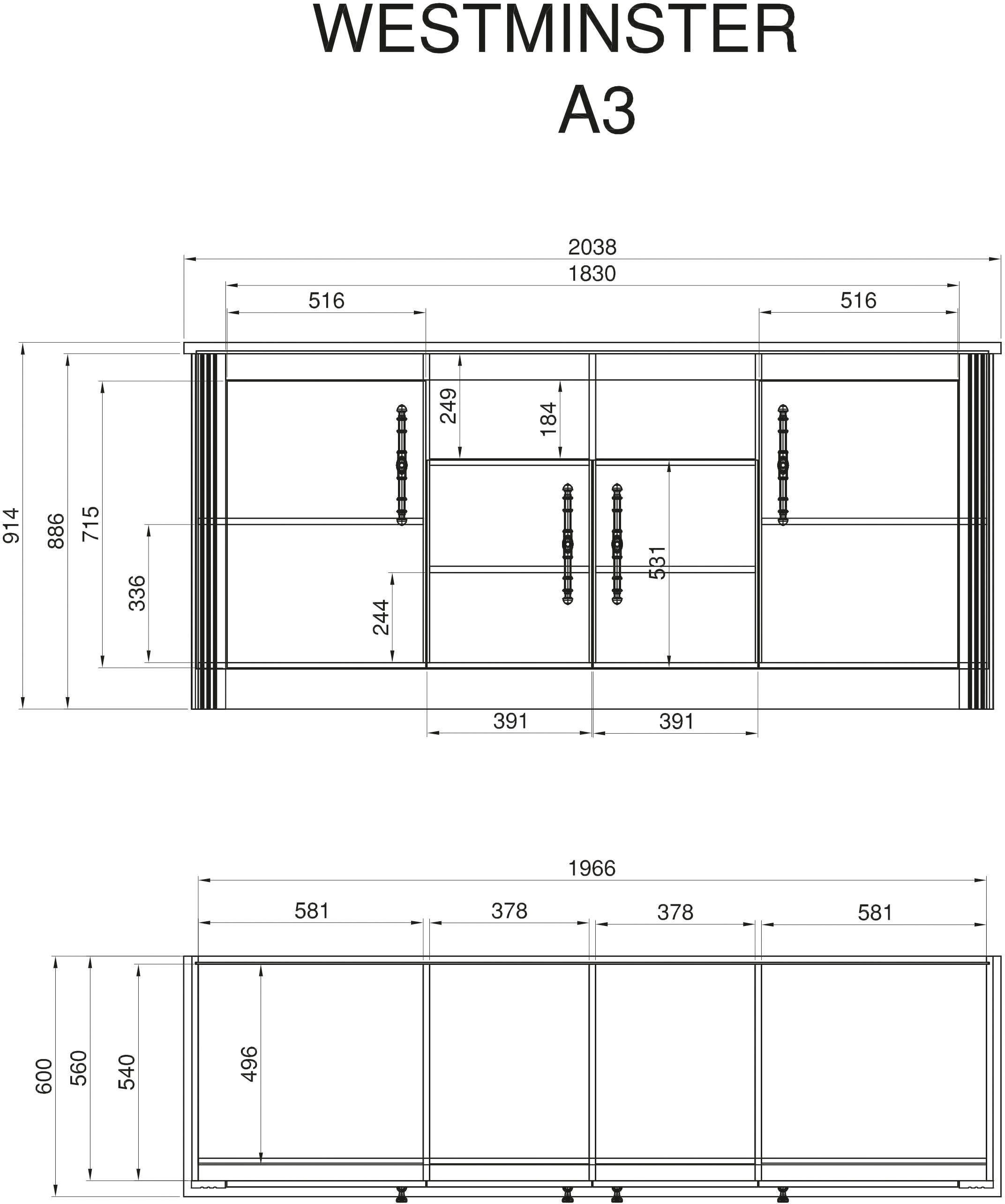 KOCHSTATION Spülenschrank »Westminster«, im romantischen Landhausstil, Breite 204 cm