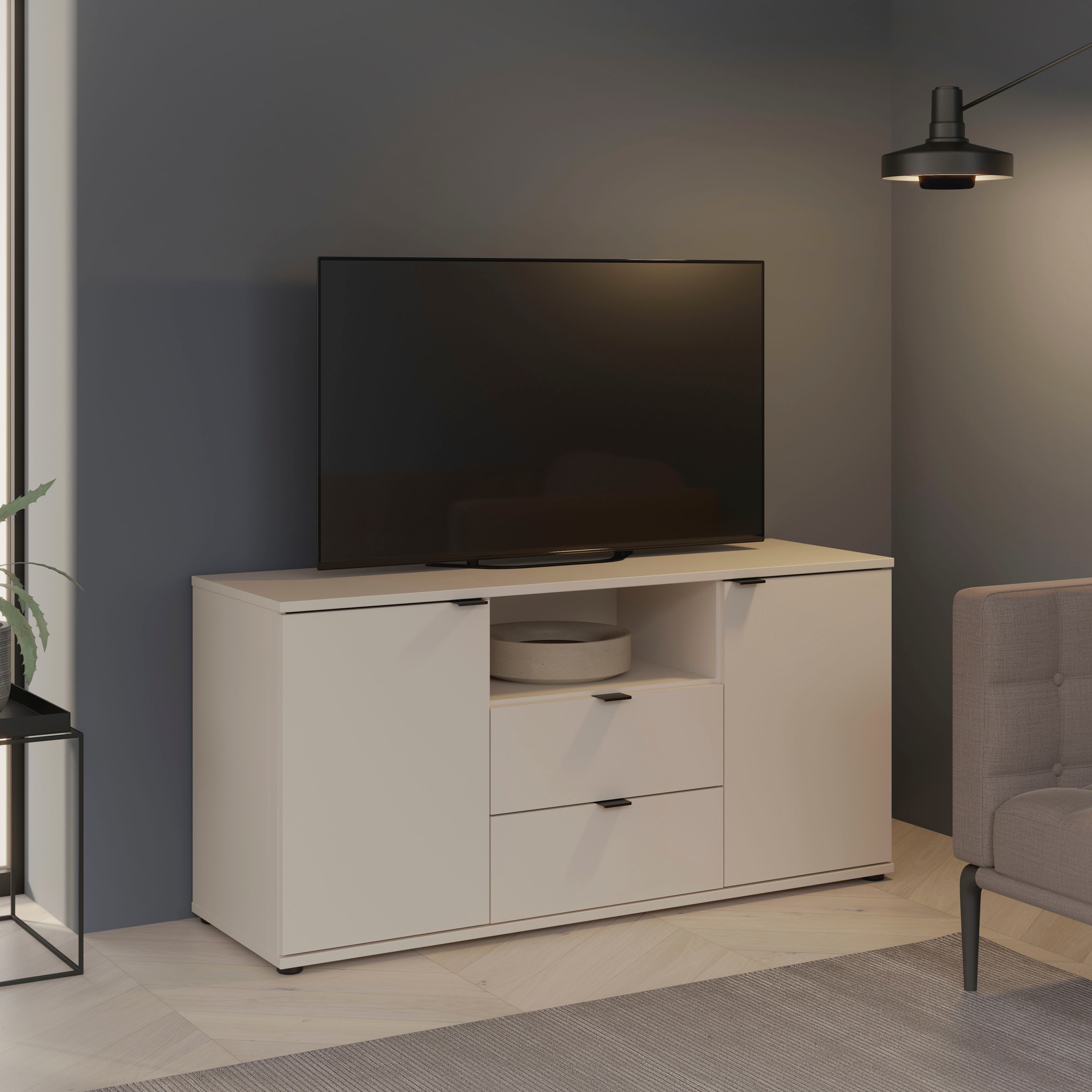 Meuble TV GANYMEDE sable 130x42x63 cm 2 portes 2 tiroirs niche
