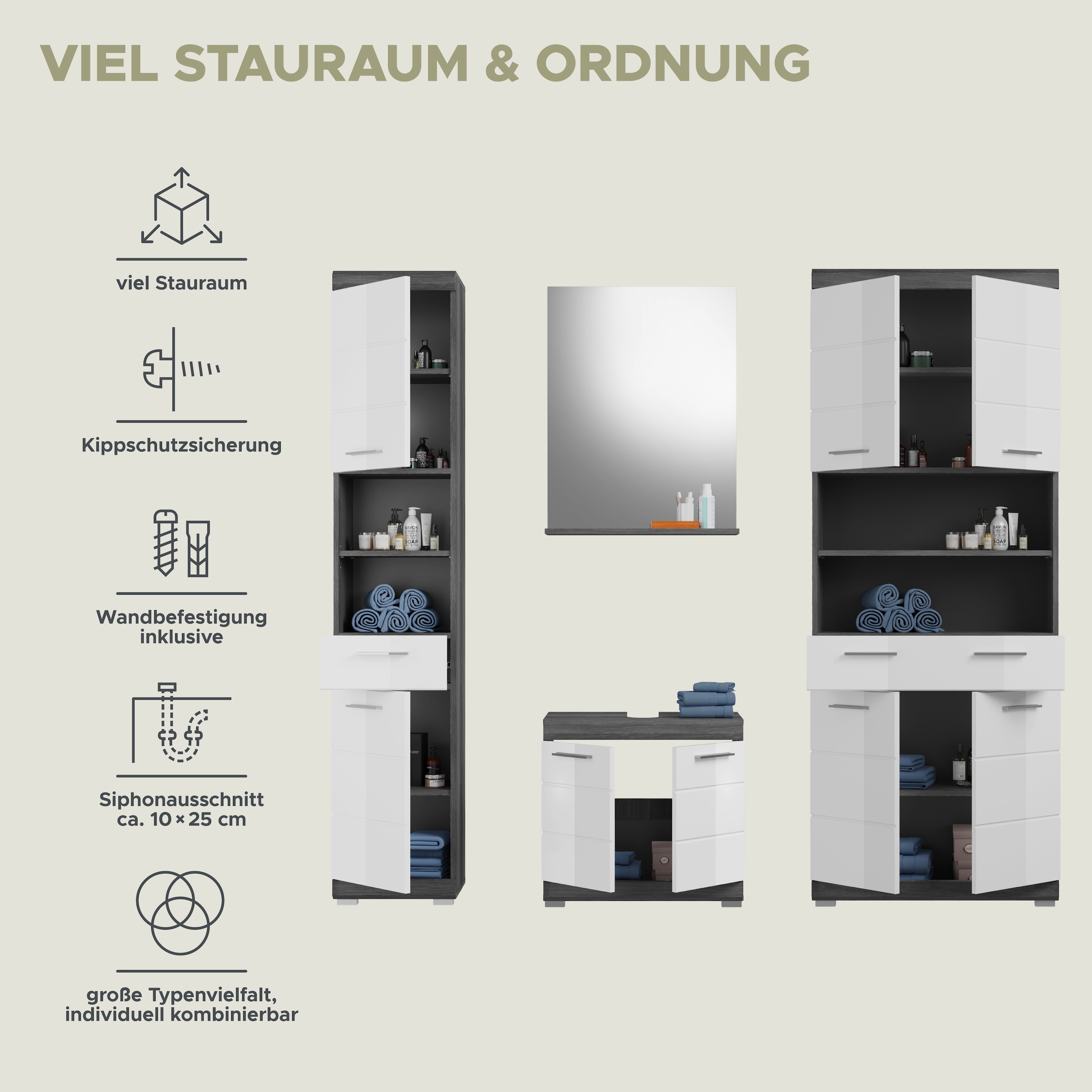 INOSIGN Badmöbel-Set »Siena, 4 teilig, bestehend aus:«, (Set, 4 St.), Hochschrank, Waschbeckenunterschrank, Badspiegel, Hochschrank breit
