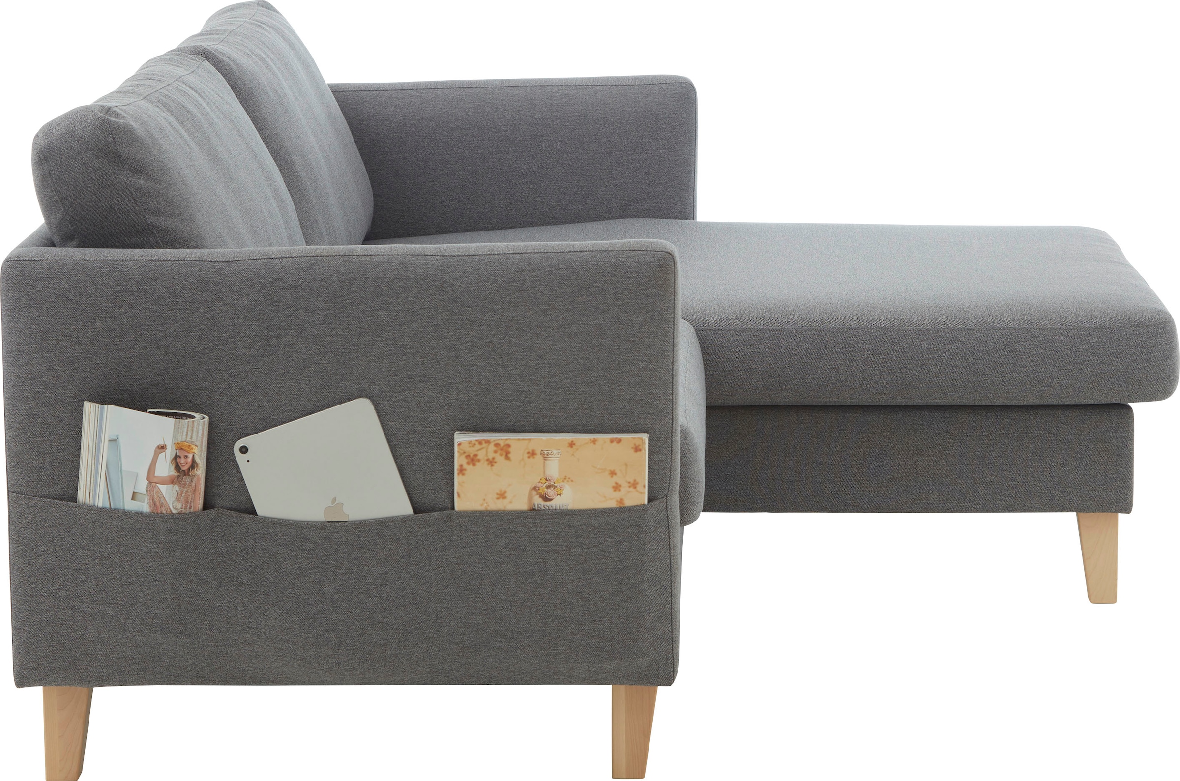 ATLANTIC home collection Ecksofa »Mailo L-Form«, mit Seitentaschen, Recamiere beidseitig montierbar, Massivholzfüsse