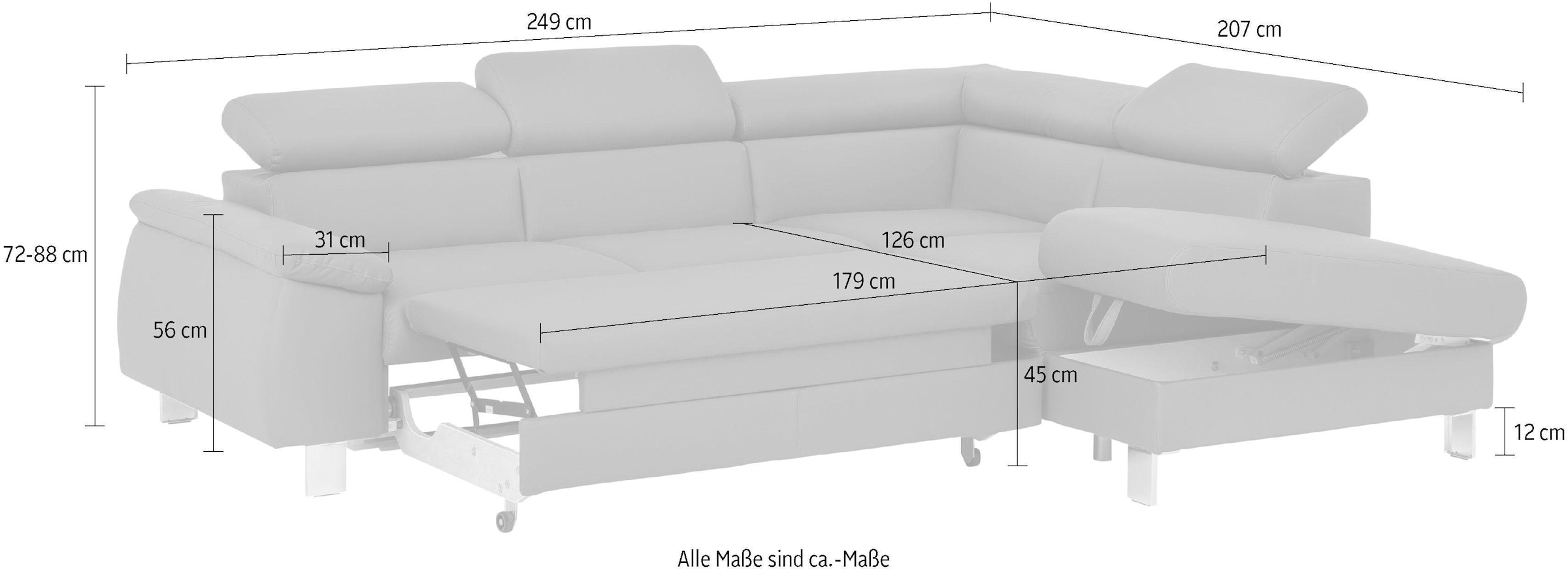 COTTA Ecksofa »Komaris L-Form mit Kopfteilverstellung«, wahlweise mit Bettfunktion, Bettkasten & Beleuchtung