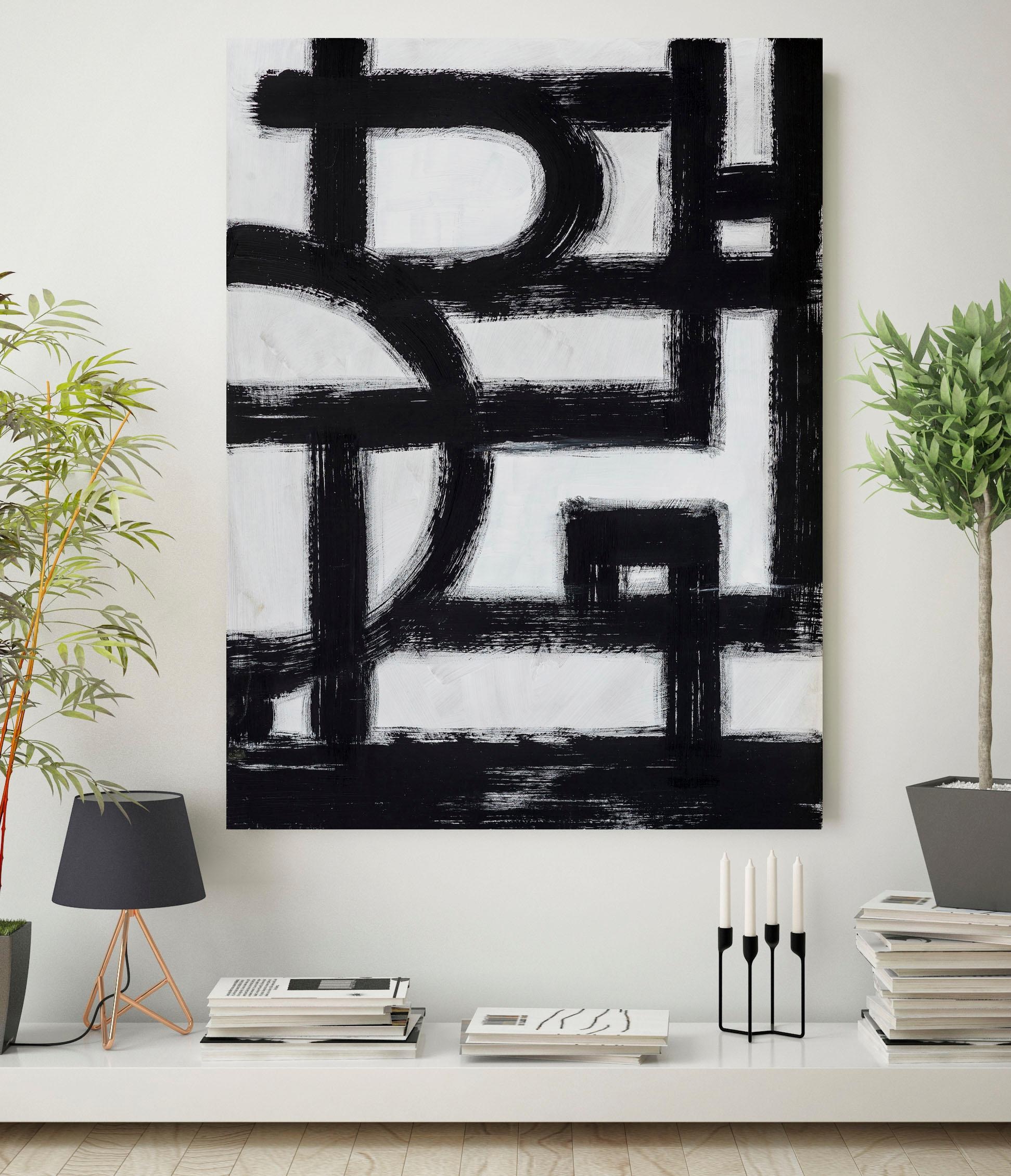 Places of Style Leinwandbild »Abstrakte Kunst«, Abstrakte-Kunst-Modern-Schwarz-Weiss, Premium-Leinwandstoff, Handarbeit aus Deutschland, 120x80cm