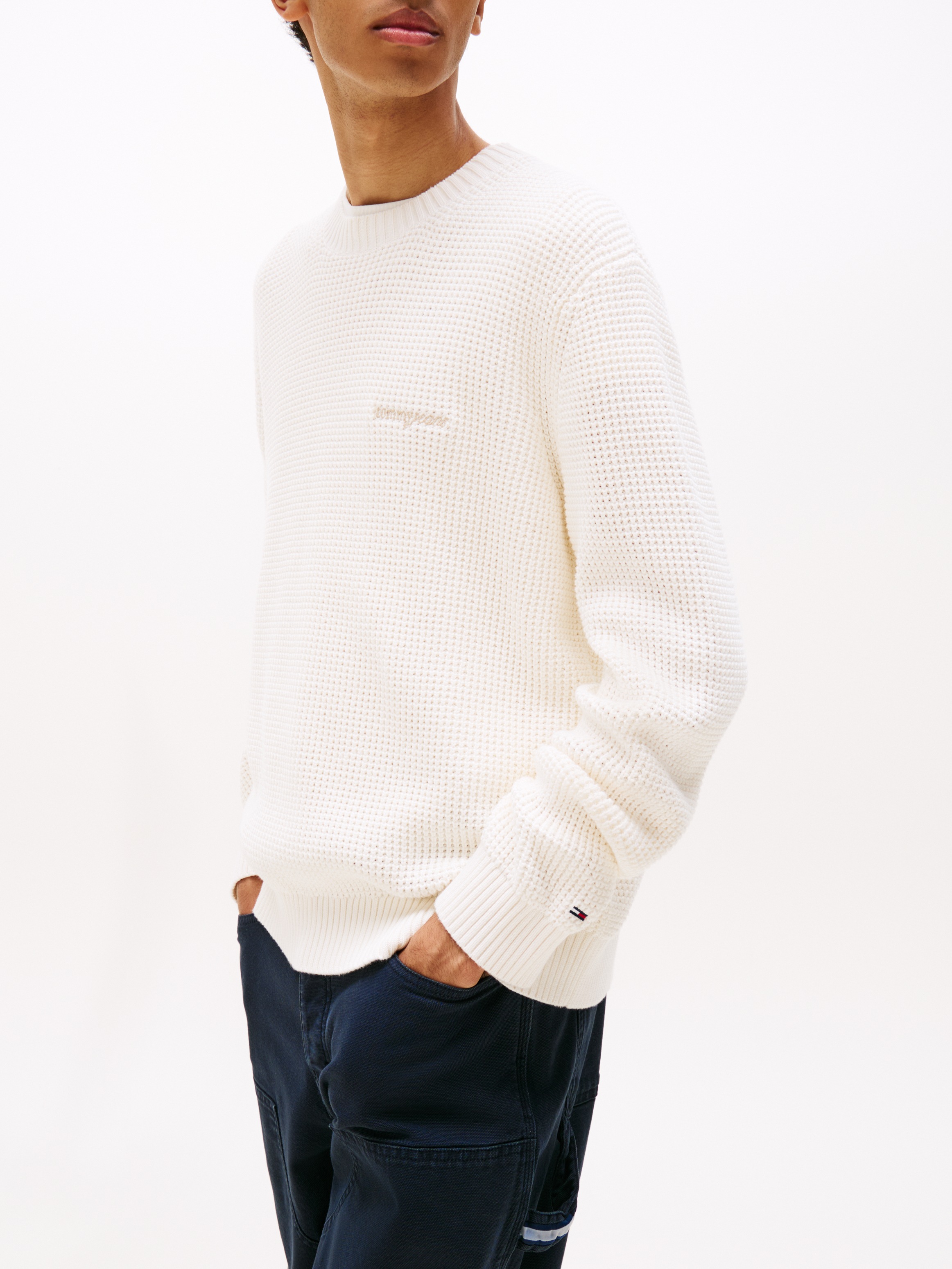 Tommy Jeans Strickpullover »TJM SCRIPT CHUNKY«, Regular Fit, Rundhals Waffelpique Strick