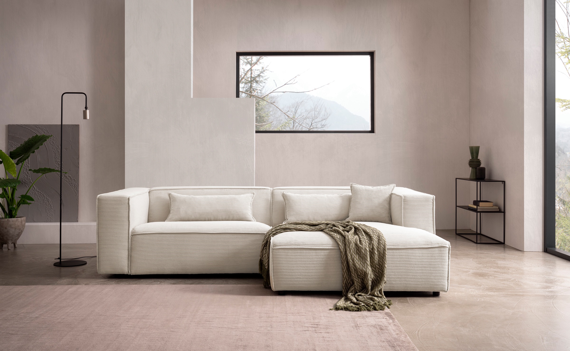 LeGer Home by Lena Gercke Ecksofa »PIARA mit Kedernaht in Cord oder Leinenoptik, moderne Couch in L-Form«, wahlweise Ottomane rechts/links, schwarze Füsse, bequemer Sitzkomfort