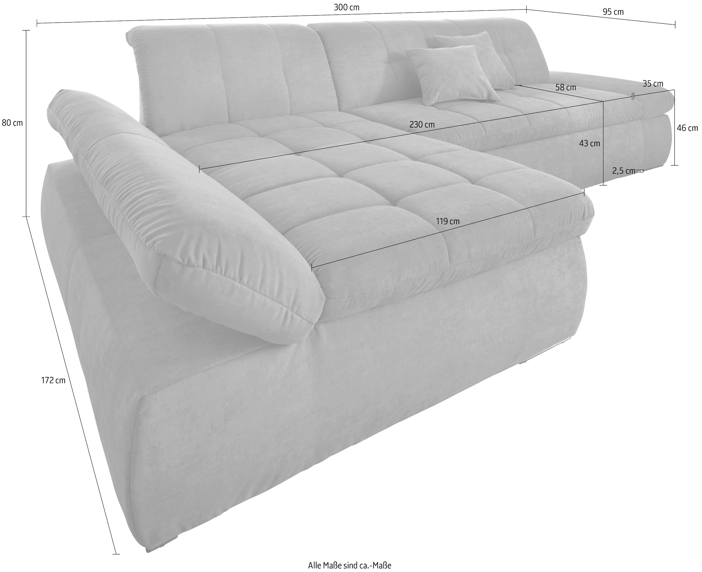 DOMO collection Ecksofa »NMoric XXL, B/T/H: 300/172/80cm, Revamierenabschluss L-Form«, wahlweise mit Bettfunktion und Armlehnverstel,lung