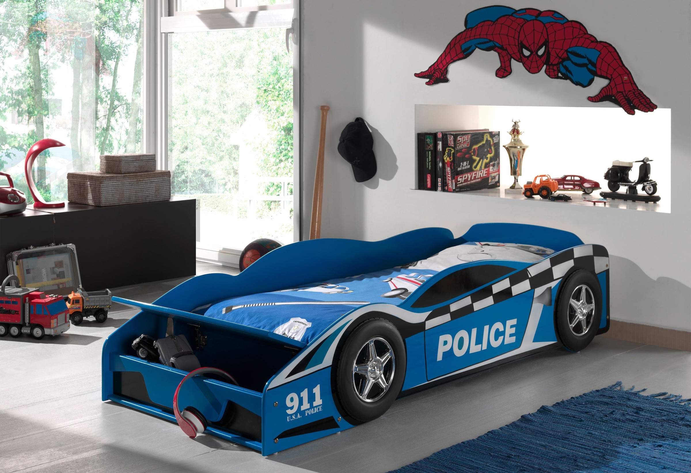 Vipack Autobett »Police, inkl. Stauraum vorne, mit Lattenrost, MDF lackiert«, (B/H/T ca. 175x48x78cm, seitliche Räder sind geststehend), ein Highlight im Kinderzimmer