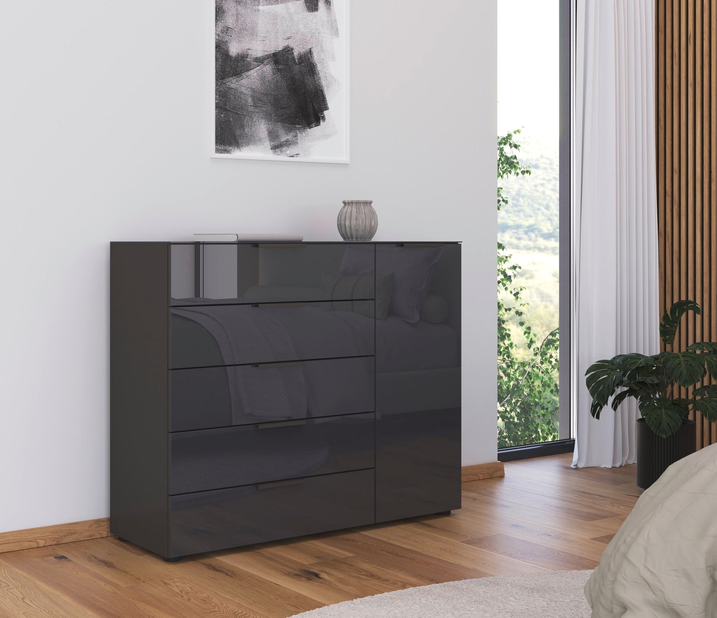 rauch Schubkastenkommode "Kommode Türkommode Sideboard Kombikommode FLIPP mit Glasfront" Breite 120 cm mit 2 Einlegeböden, 1-türig, 5 Schubladen, Soft-Close-Funktion, Oberboden und Front Glas