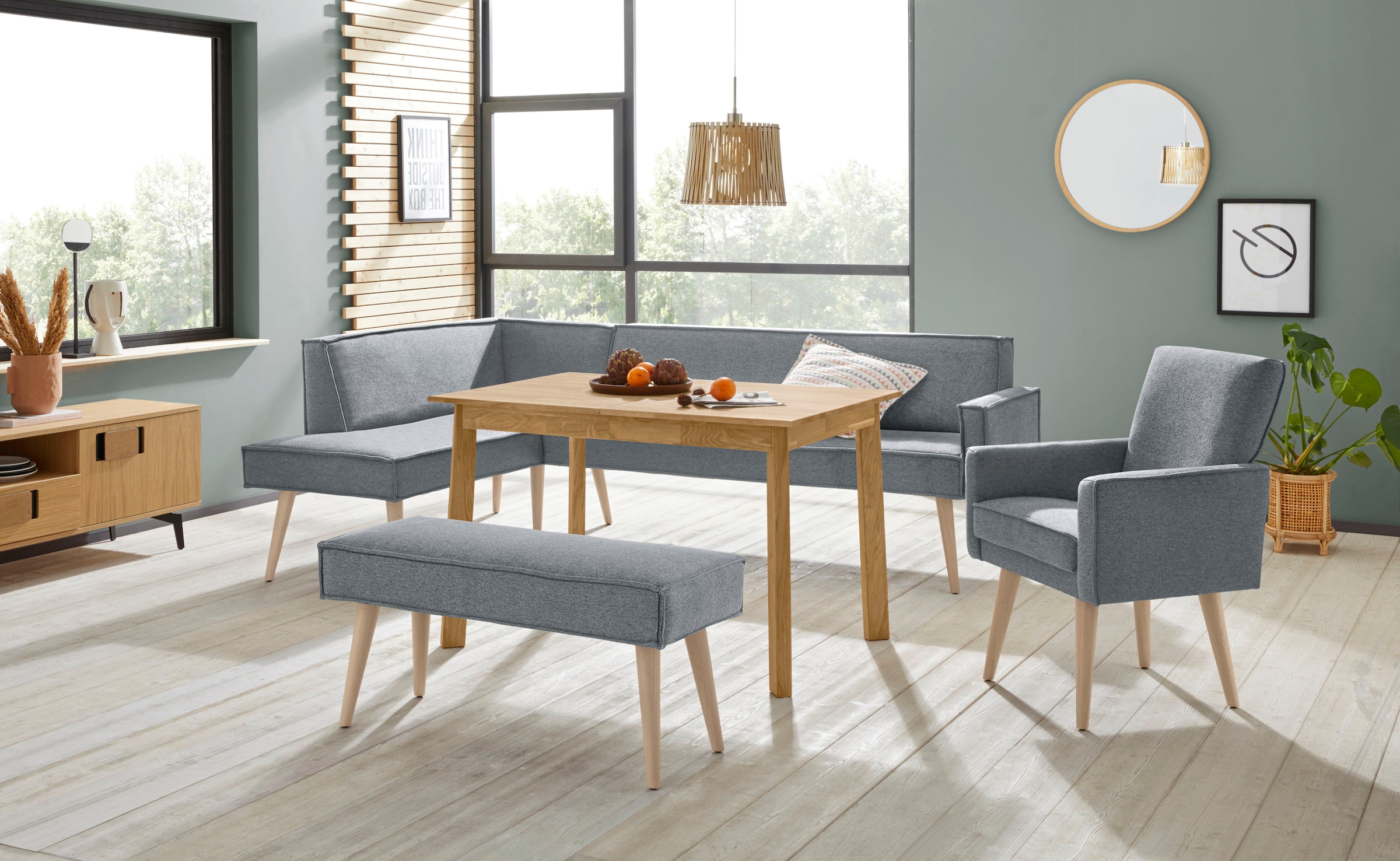exxpo - sofa fashion Eckbank »Lungo, moderne Kedernaht, bequem und elegant, hoher Holzfuss«, hochwertige Detailverarbeitung, frei im Raum stellbar