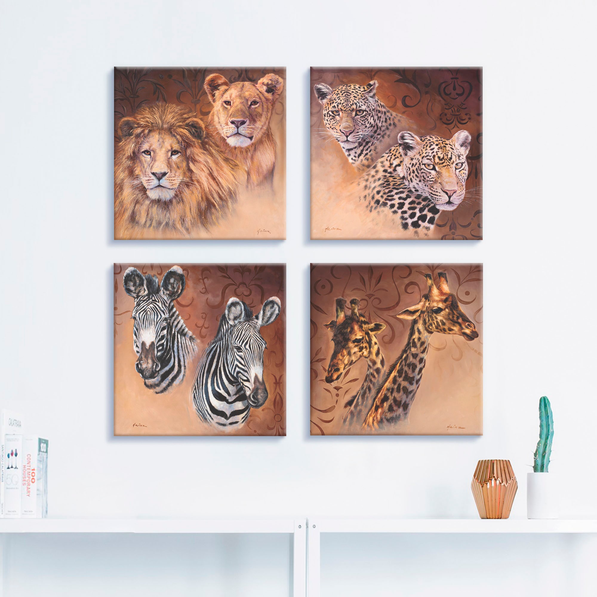 Artland Leinwandbild »Löwen Leoparden Zebra Giraffen«, Wildtiere, (4 St.), 4er Set, verschiedene Grössen