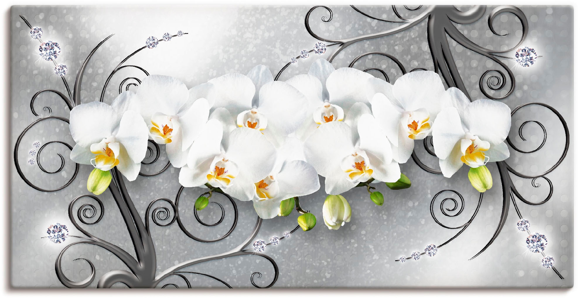 Blumenbilder, Poster oder in Wandbild Orchideen Artland als (1 »weisse online Grössen versch. Ornamenten«, | bestellen Leinwandbild, Wandaufkleber St.), Jelmoli-Versand auf Alubild,