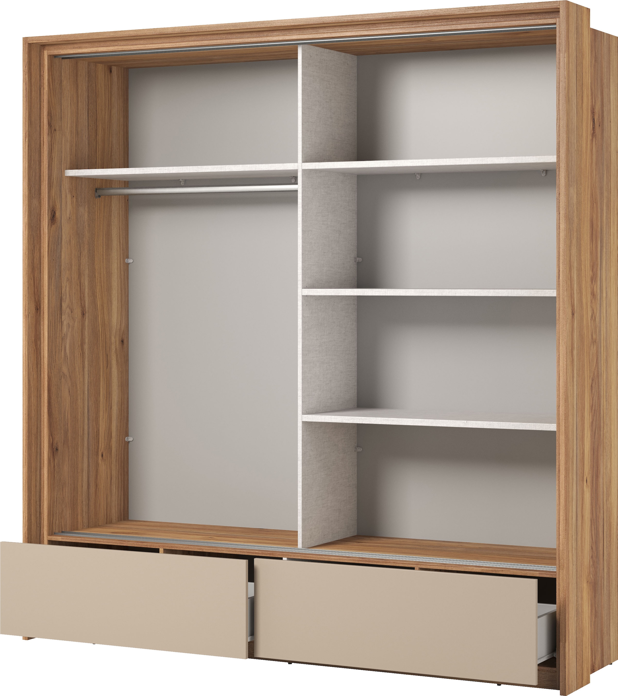 Home affaire Schwebetürenschrank »Wharton, Breite 159 oder 209 cm, Kleiderschrank incl. Innenausstattung«, Wäscheschrank, 2 Schubkästen, 2 Spiegel, Metallgriffe, Garderobe