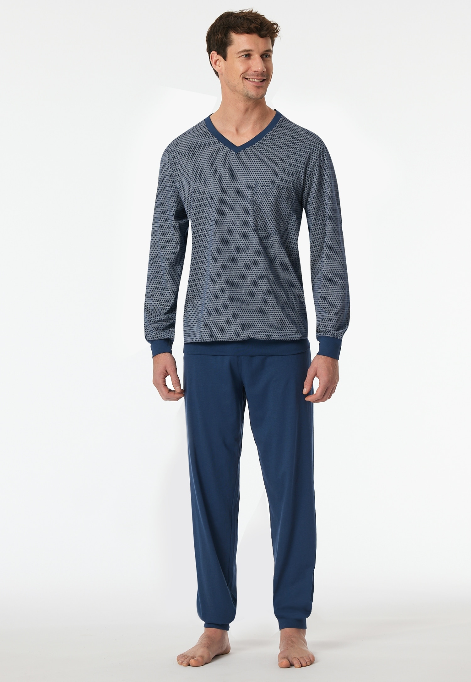Schiesser Pyjama »Comfort Essentials« 2 tlg. V-Ausschnitt, Brusttasche, Baumwolle, Langarm