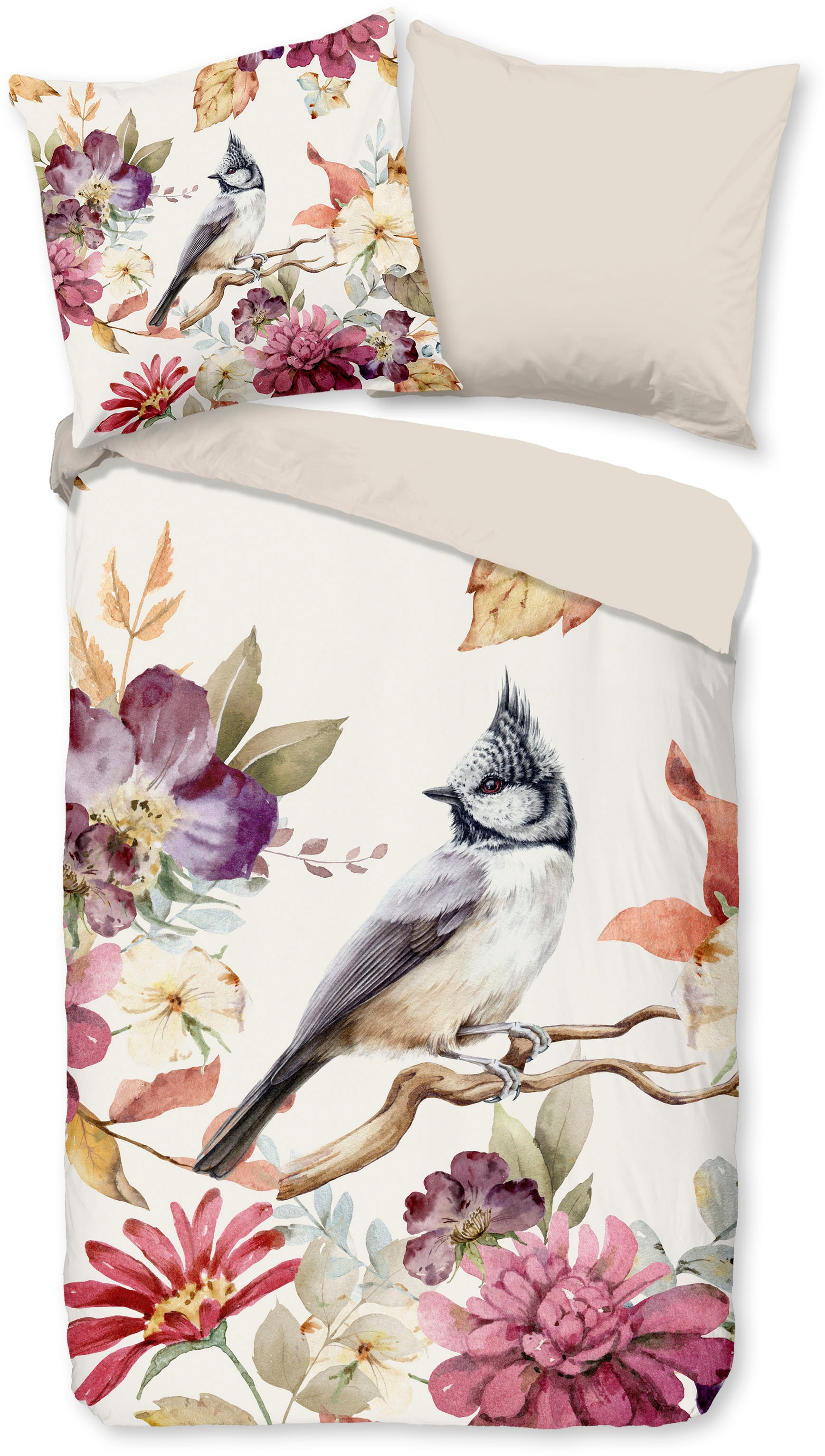 good morning Wendebettwäsche »Inga«, 100% Baumwolle, 135x200, Reissverschluss, Wendeoptik, Vogel Blume, Sand