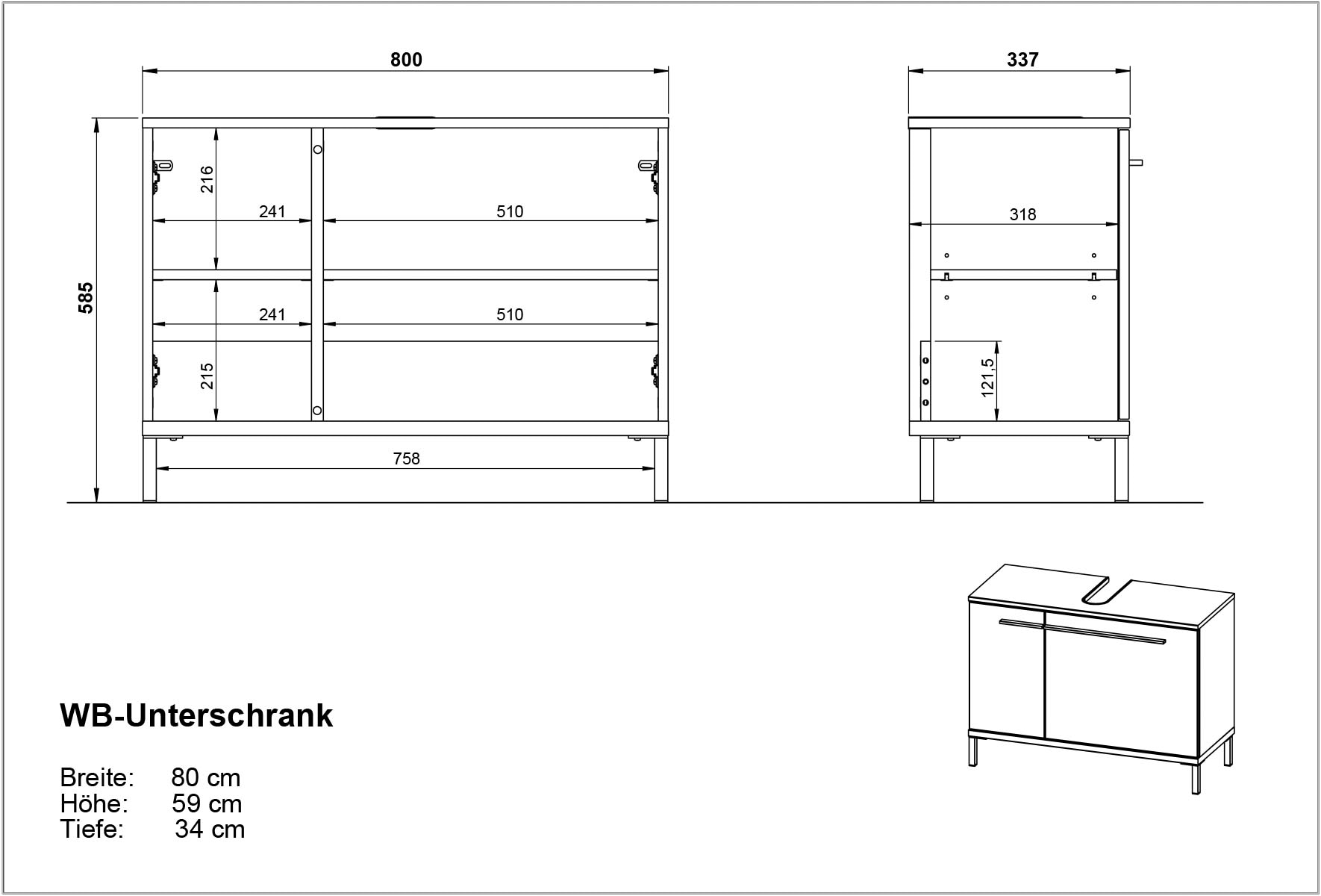 GERMANIA Waschbeckenunterschrank »Yonkers«, Hochwertige ABS-Kanten, Griffe & hohe Füsse aus Metall, Breite 80 cm