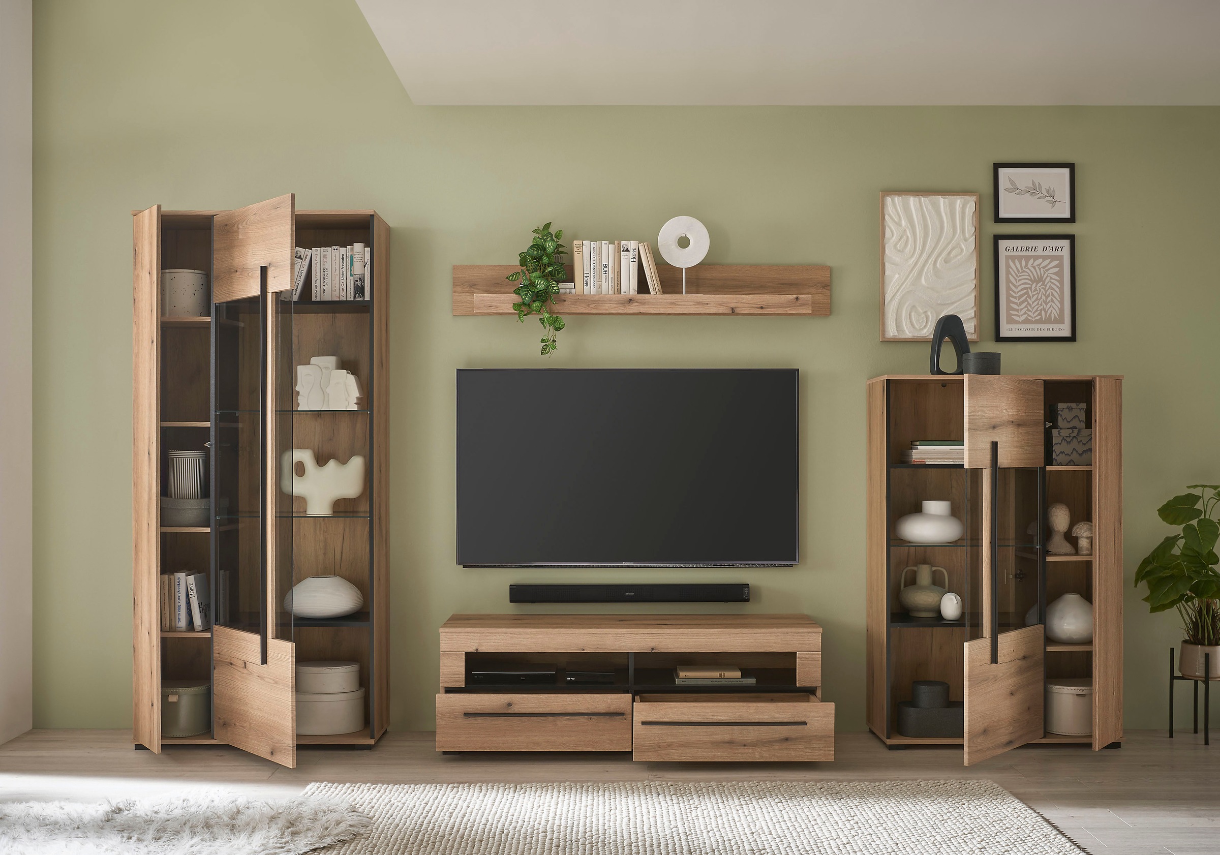 INOSIGN Wohnwand »Cantara, moderne Anbauwand, Wohnzimmer-Set, in Eiche Evoke oder Weiss«, (Set), enthält zwei Vitrinen, ein Lowboard und ein Wandboard