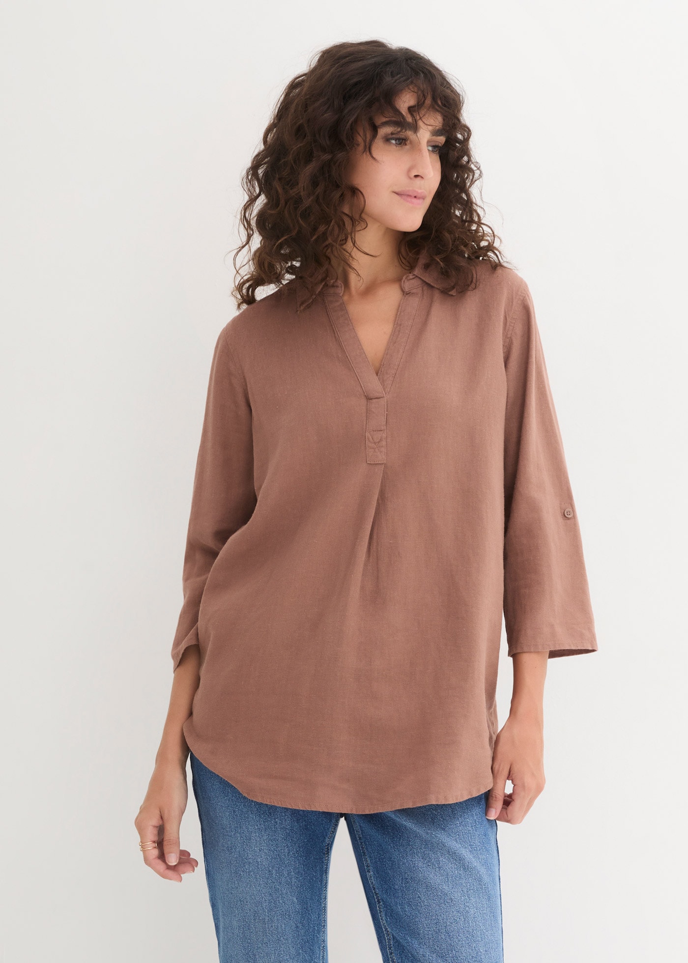 bonprix Langarmbluse »3/4-Arm Bluse mit Leinen« mit Kragen und V-Ausschnitt
