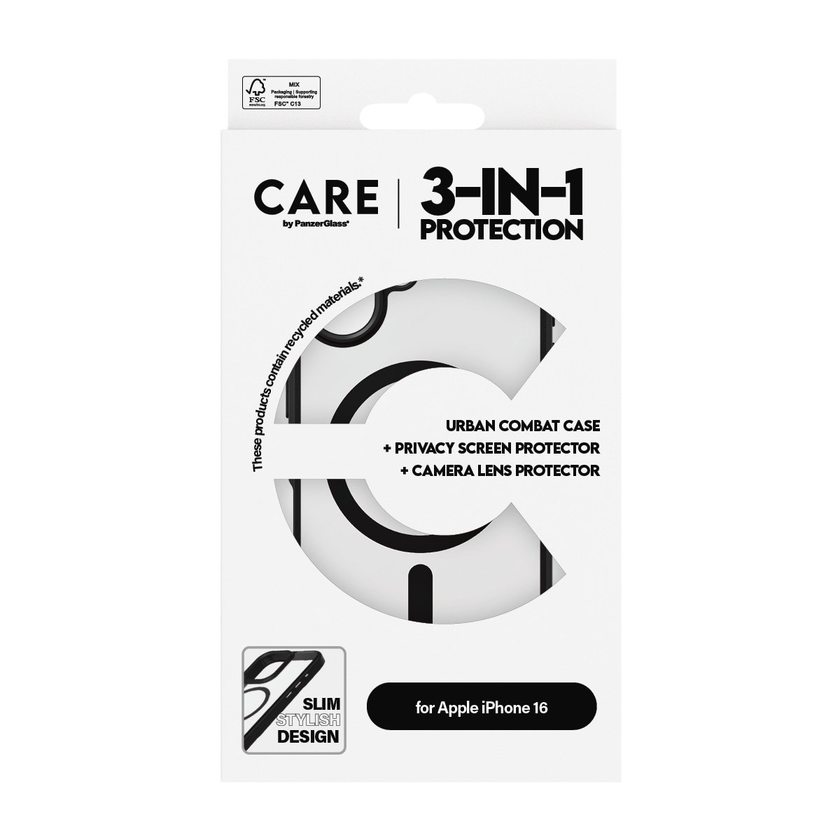 CARE by PanzerGlass Displayschutzglas »3-in-1 Protection, Privacy Glass, Case, Lens Cover«, für Apple iPhone 16, Displayschutzfolie, Schutzfolie, Bildschirmschutz, kratz- & stossfest