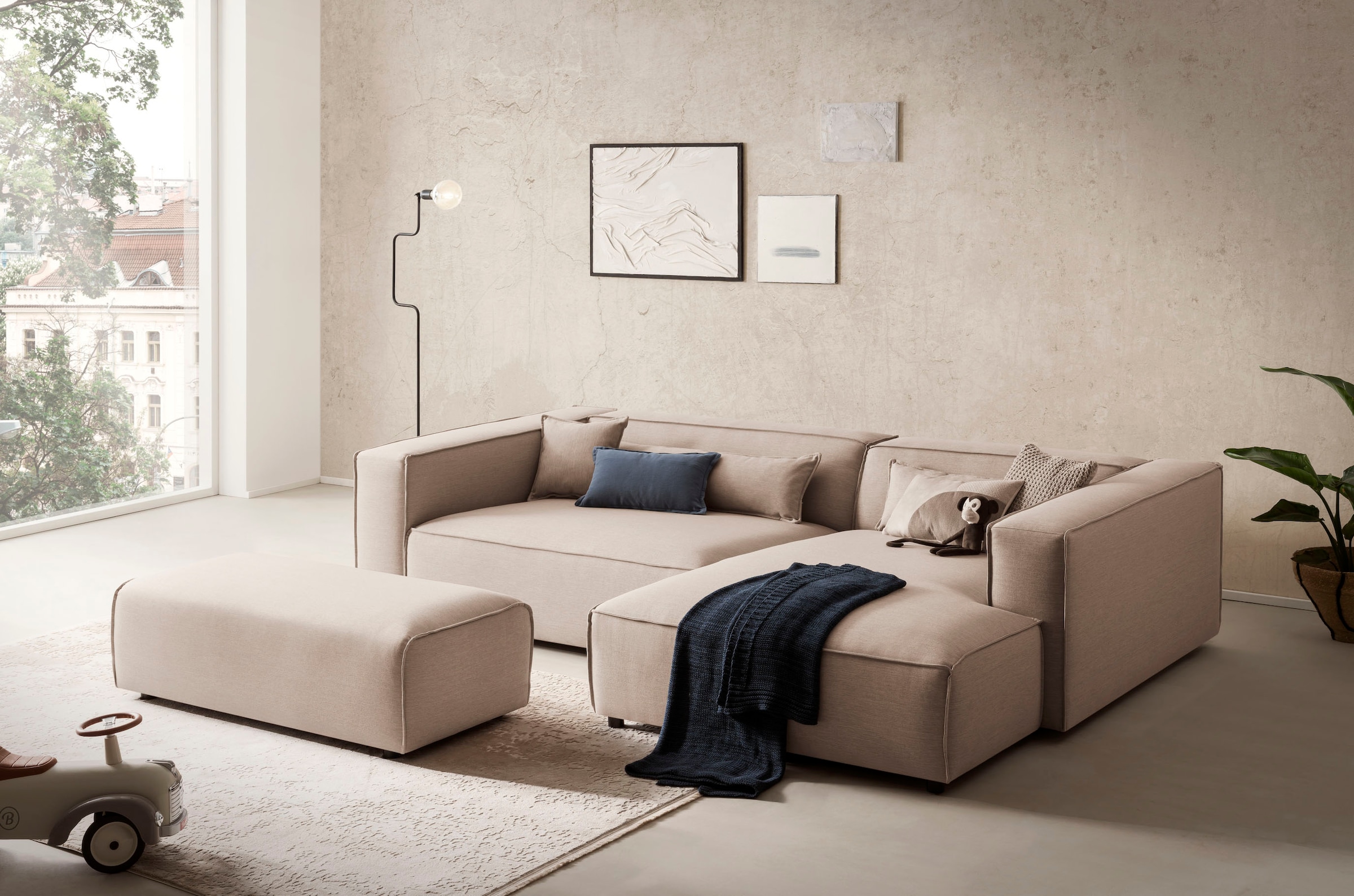 LeGer Home by Lena Gercke Hocker »PIARA, Polsterhocker mit Kedernaht in Cord oder Leinenoptik«, zur Serie PIARA, rechteckig, schwarze Füsse, bequemer Sitzkomfort