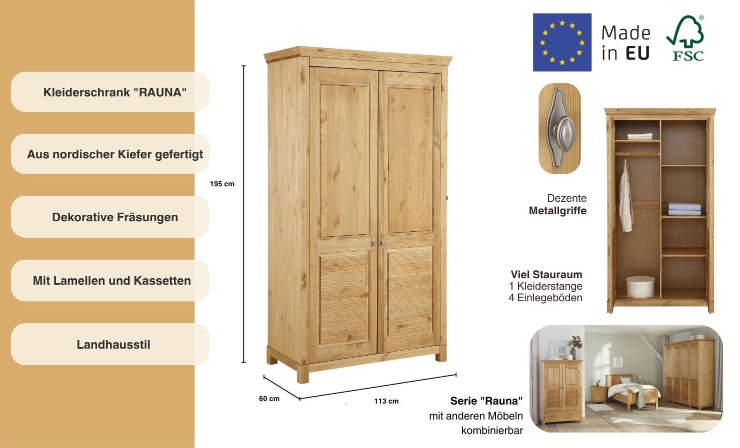 Home affaire Kleiderschrank »Rauna, mit Lamellen und Kassetten, klassischer Landhausstil, rustikal«, (2 Breiten: 113/159 cm H/T ca. 195/60 cm), massive Kiefer, Metallgriffe, mehrere Varianten, zeitloses Design