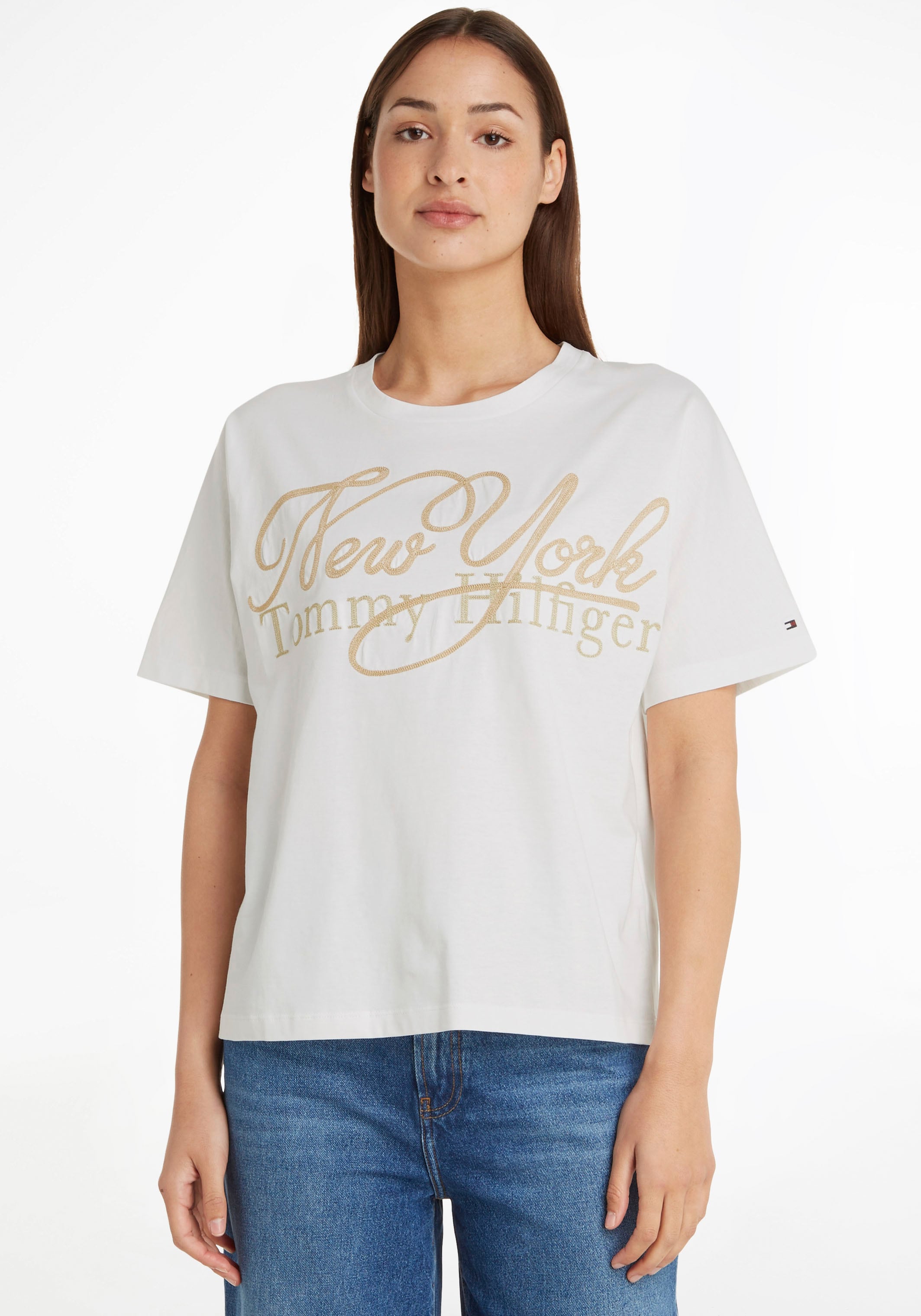 NY C-NK shoppen | mit Hilfiger T-Shirt metalicfarbenen Hilfiger & SS«, online Tommy Markenlabel Tommy METALLIC Print Jelmoli-Versand »RLX