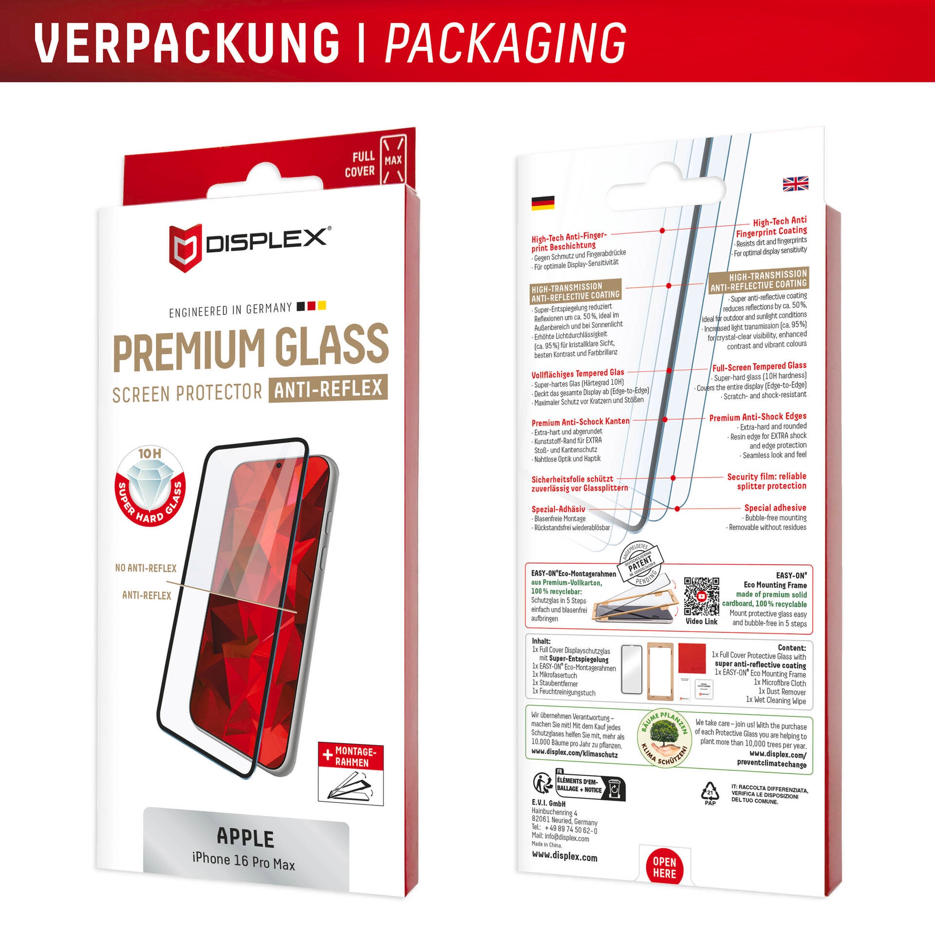 Displex Displayschutzglas »Premium Glass Full Cover Anti-Reflex«, für Apple iPhone 16 Pro Max, (1 St.), Displayschutzfolie, Schutzfolie, Bildschirmschutz, kratz- & stossfest
