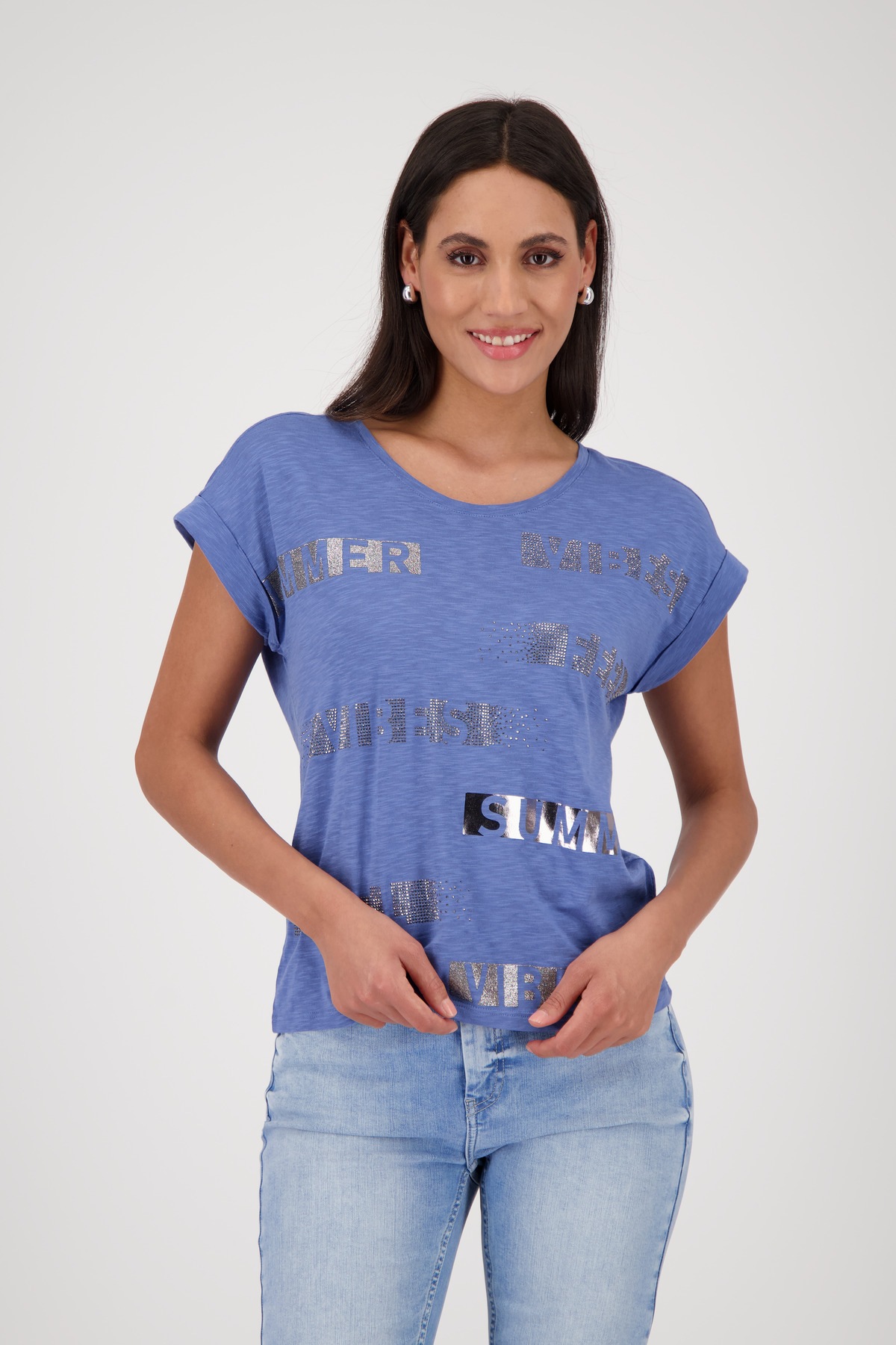Monari Rundhalsshirt »Shirt Basic Schmuckschrift« mit Folienglanzdruck