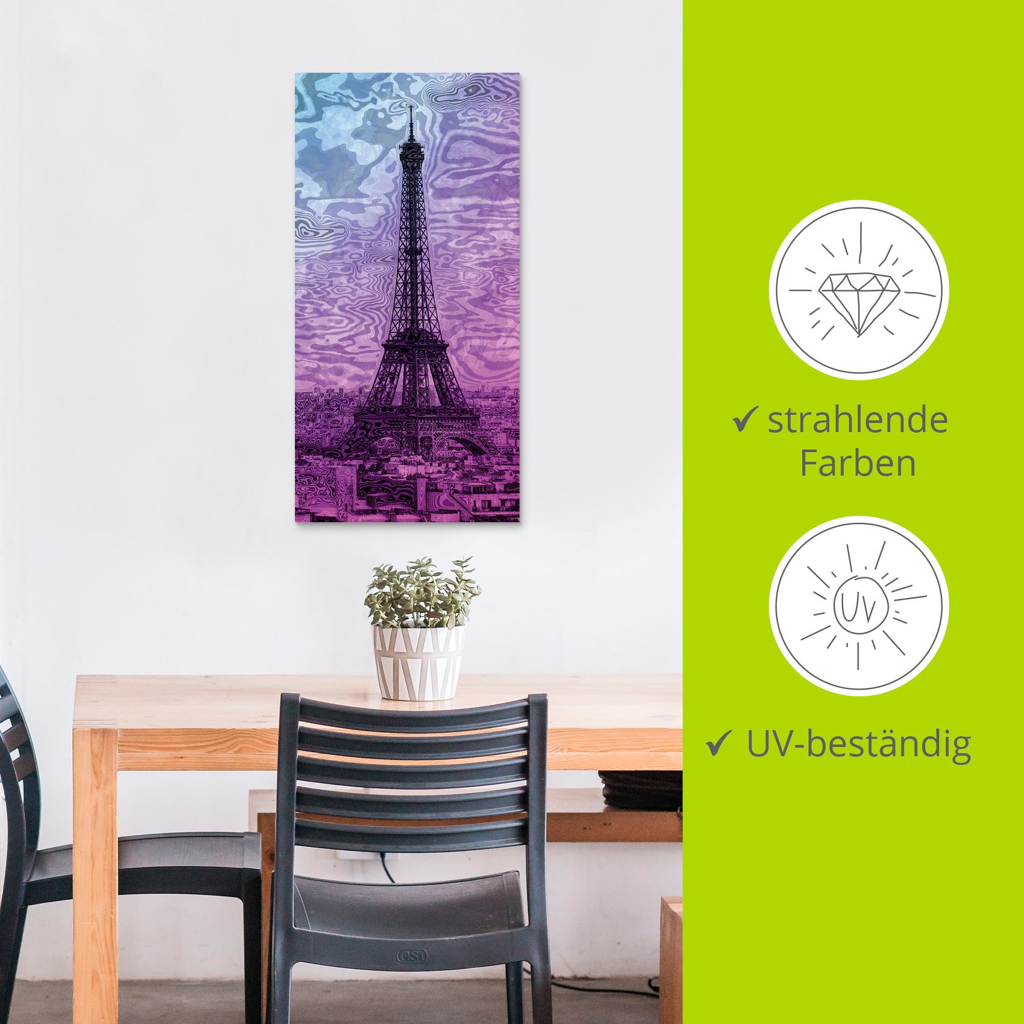 Artland Wandbild »Paris Eiffelturm Lila/Blau«, Gebäude, (1 St.), als Alubild, Outdoorbild, Leinwandbild in verschied. Grössen