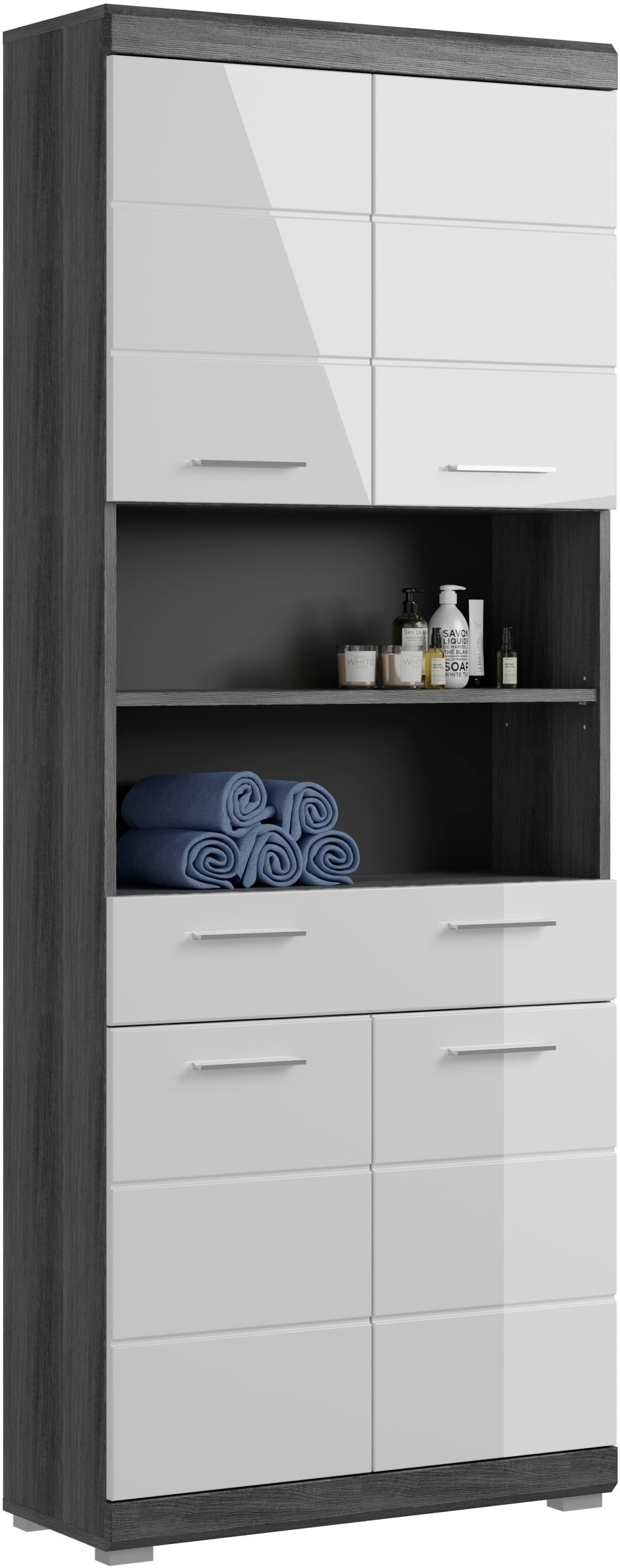 INOSIGN Hochschrank »Siena«, Badschrank, 4 Türen, 1 Schubkasten, 2 offene Fächer, Breite 74 cm