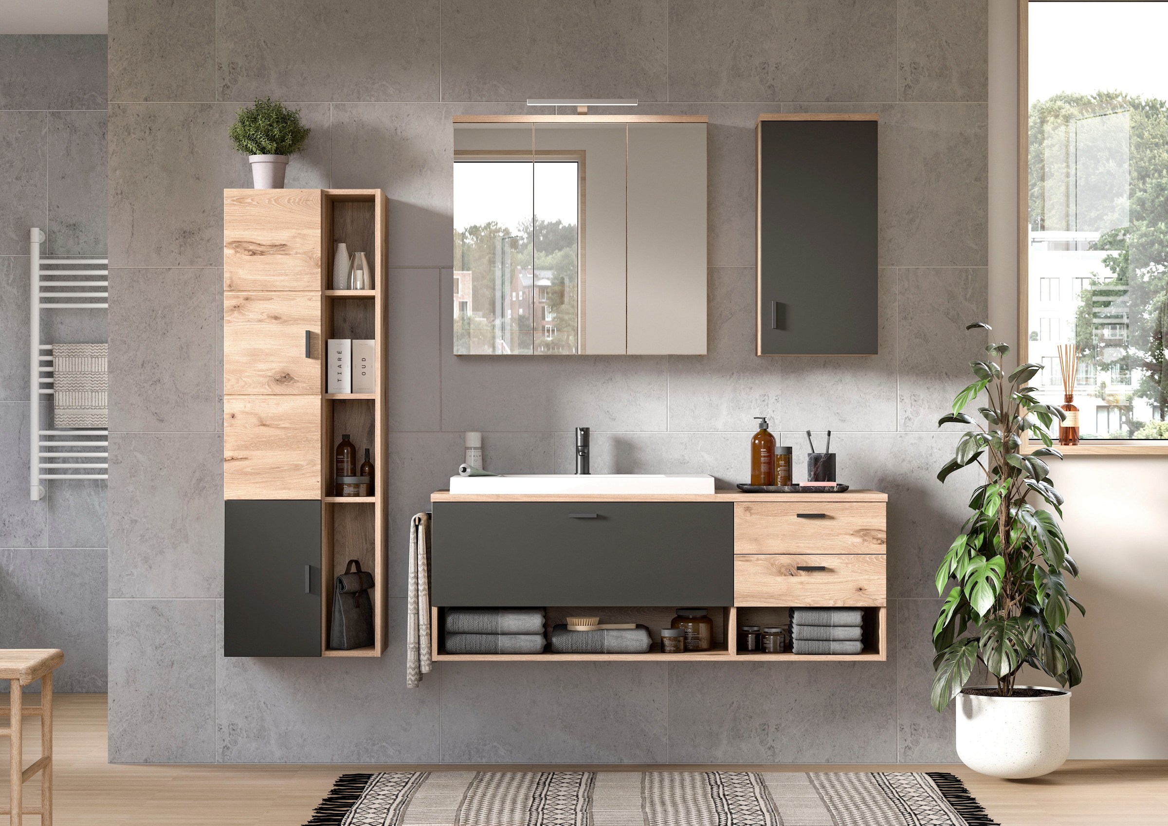 welltime Waschbeckenunterschrank »Dolo, Breite 138 cm, inkl. Aufsatzwaschbecken, 2 Schubkästen, 1 Klappe«, (2 St.), Hängeschrank, Unterschrank, Badmöbel, Badschrank, Schrank, Bad