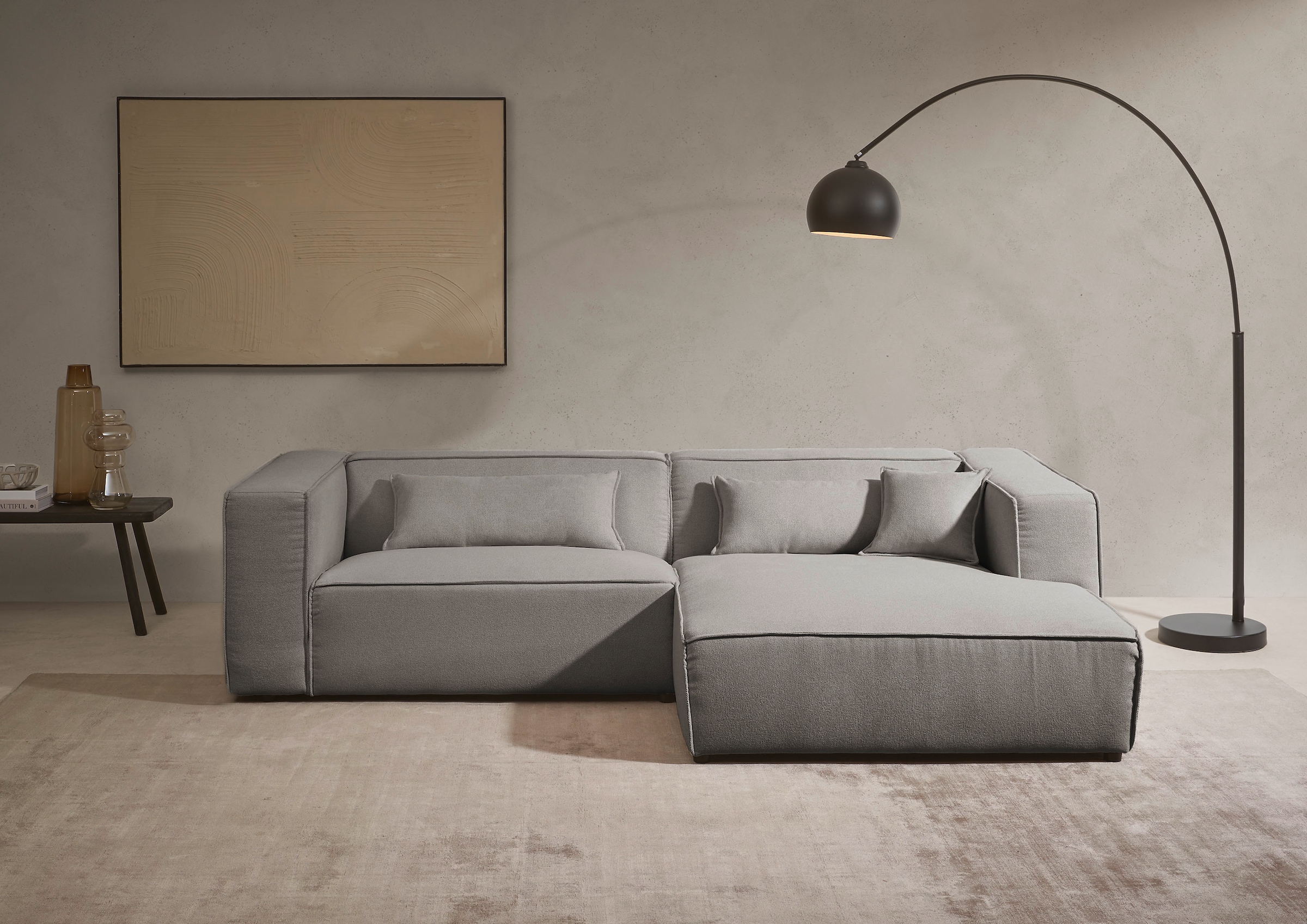 LeGer Home by Lena Gercke Ecksofa »PIARA mit Kedernaht in Cord oder Leinenoptik, moderne Couch in L-Form«, wahlweise Ottomane rechts/links, schwarze Füsse, bequemer Sitzkomfort