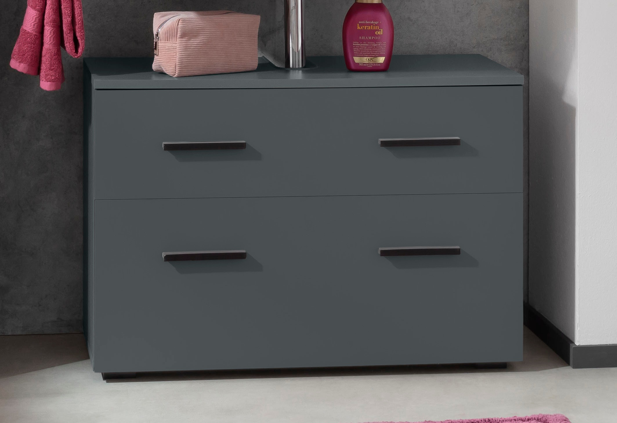 welltime Waschbeckenunterschrank "Skara" mit Klappe und Schubkasten, schwarze Griffe, Breite 80 cm, Höhe 55 cm