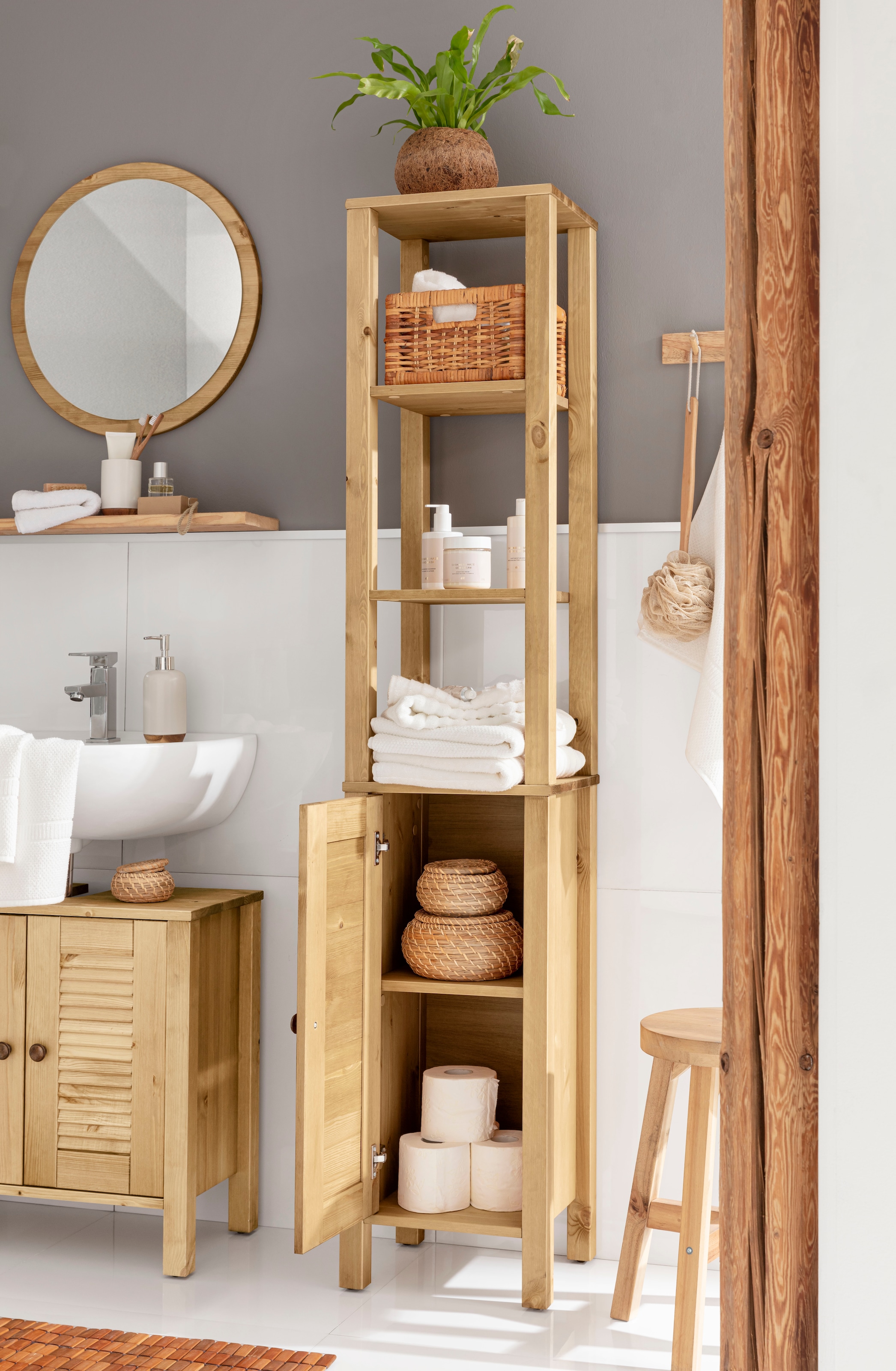 Home affaire Hochschrank »Ayanna«, Badschrank aus Massivholz, FSC®, Breite 33 cm, Höhe 170 cm