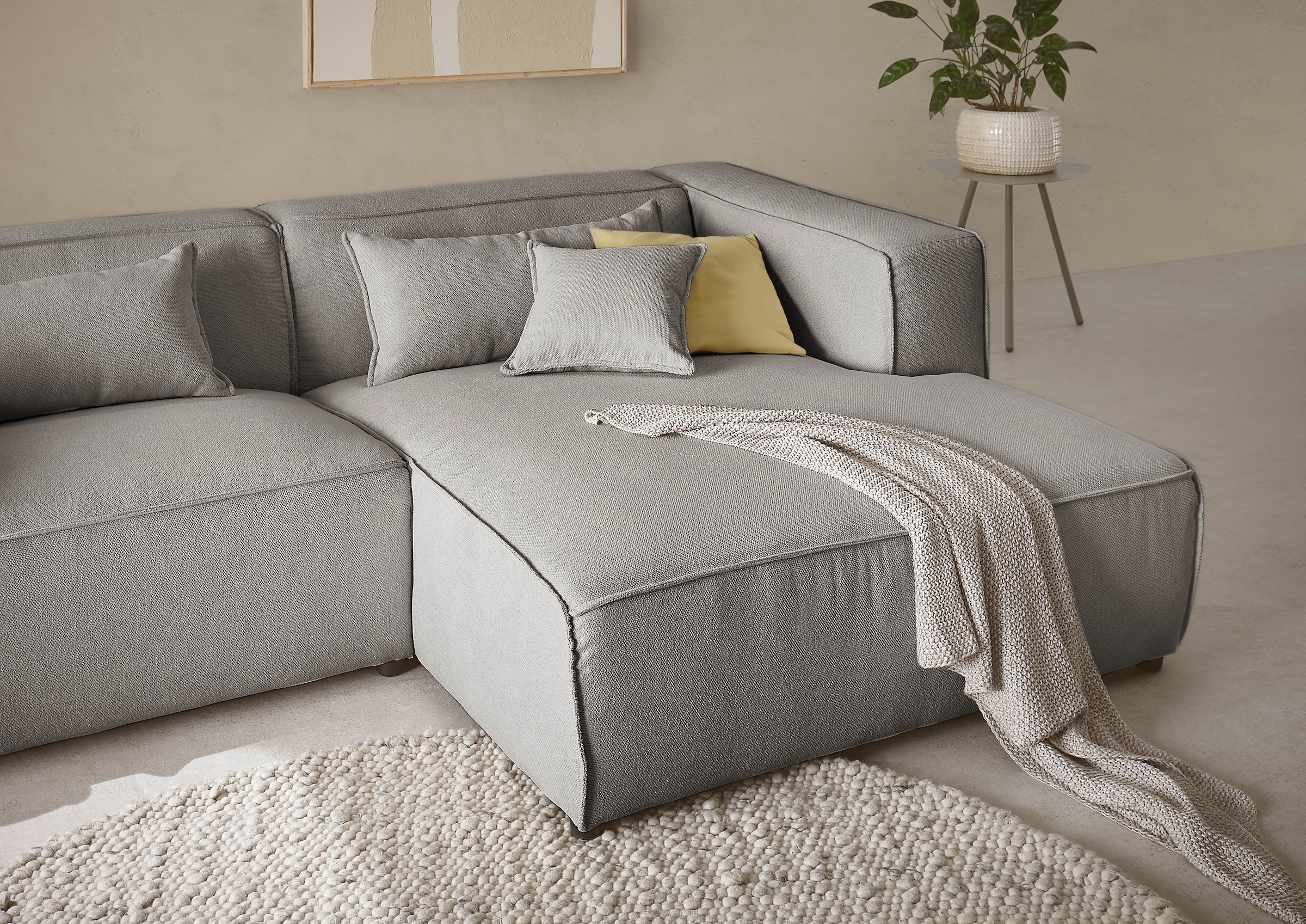 LeGer Home by Lena Gercke Ecksofa »PIARA mit Kedernaht in Cord oder Leinenoptik, moderne Couch in L-Form«, wahlweise Ottomane rechts/links, schwarze Füsse, bequemer Sitzkomfort