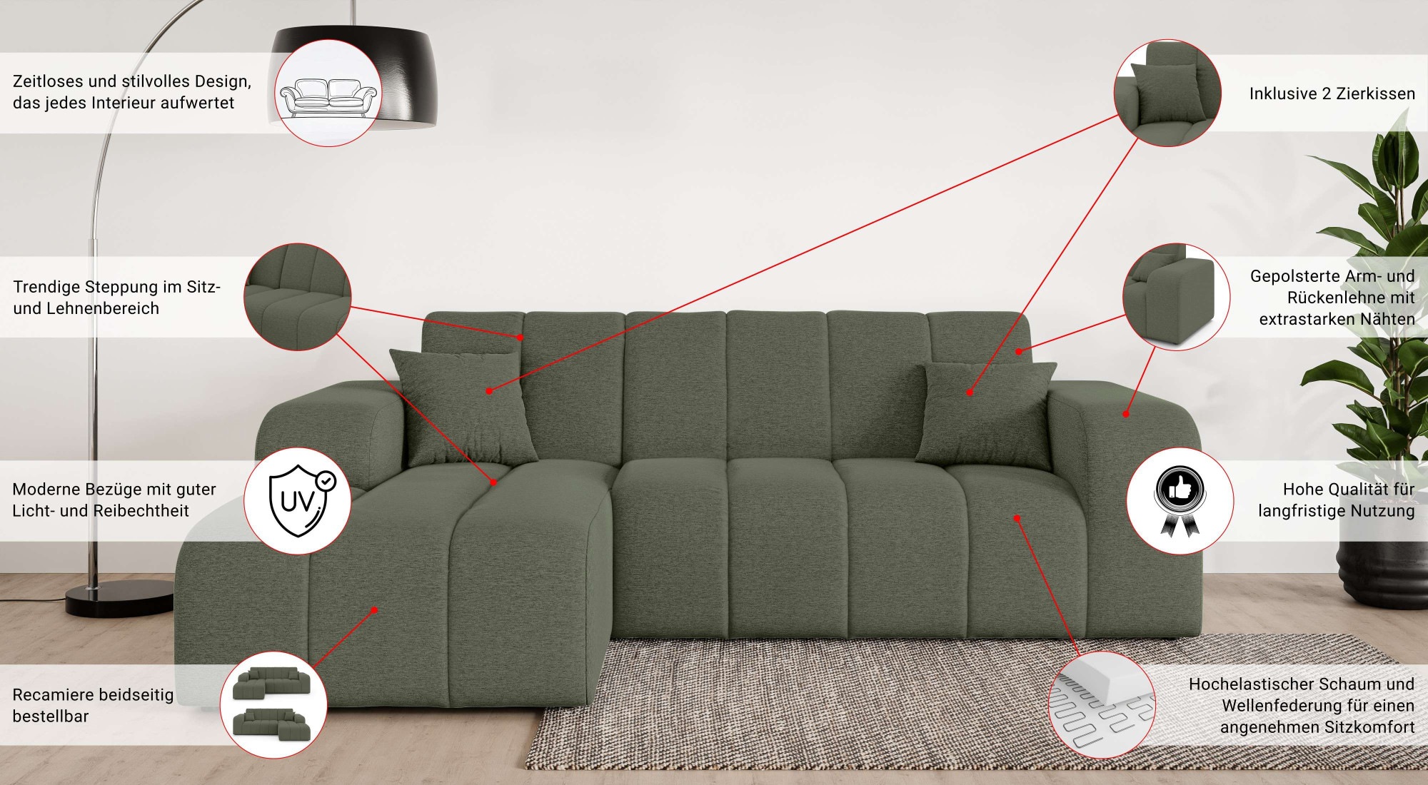 INOSIGN Ecksofa »CASSY L-Form, Schlafsofa mit Bettkasten, Masse B/T/H: 245/165/88 cm«, mit 2 Rückenkissen, Recamiere rechts oder links bestellbar